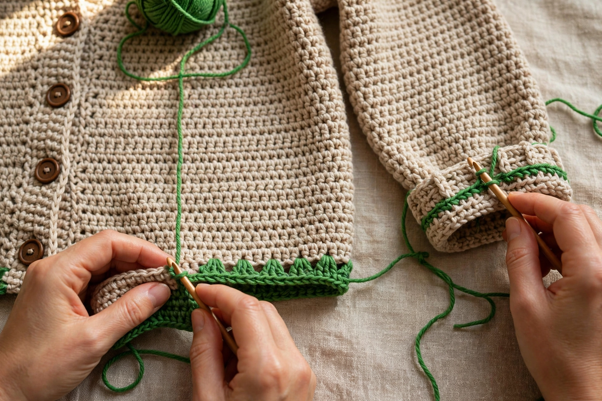 Step 6: Green single crochet edging along hem and around cuff