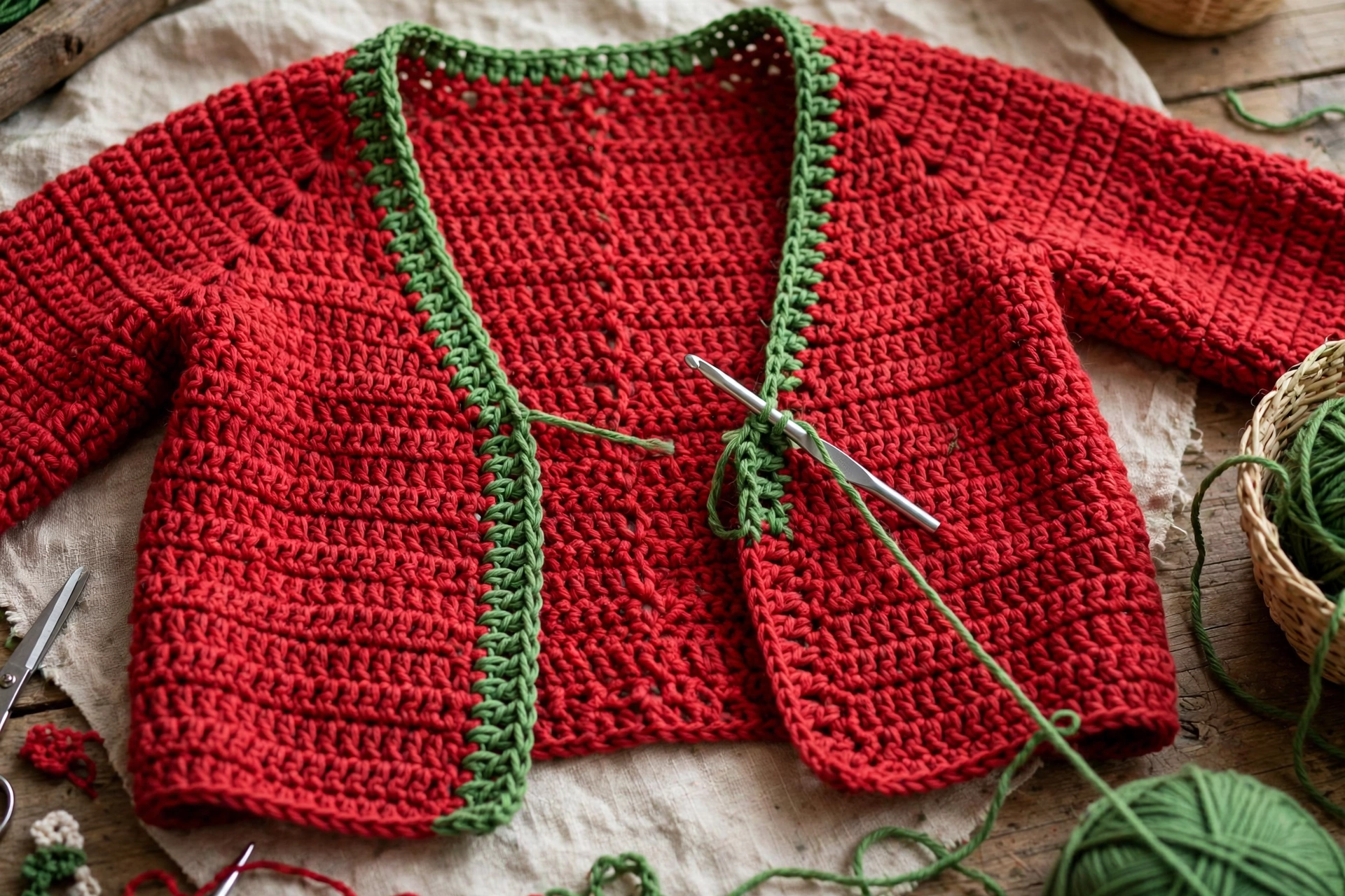 Step 7: Green single crochet edging up one front, around neck, down other front