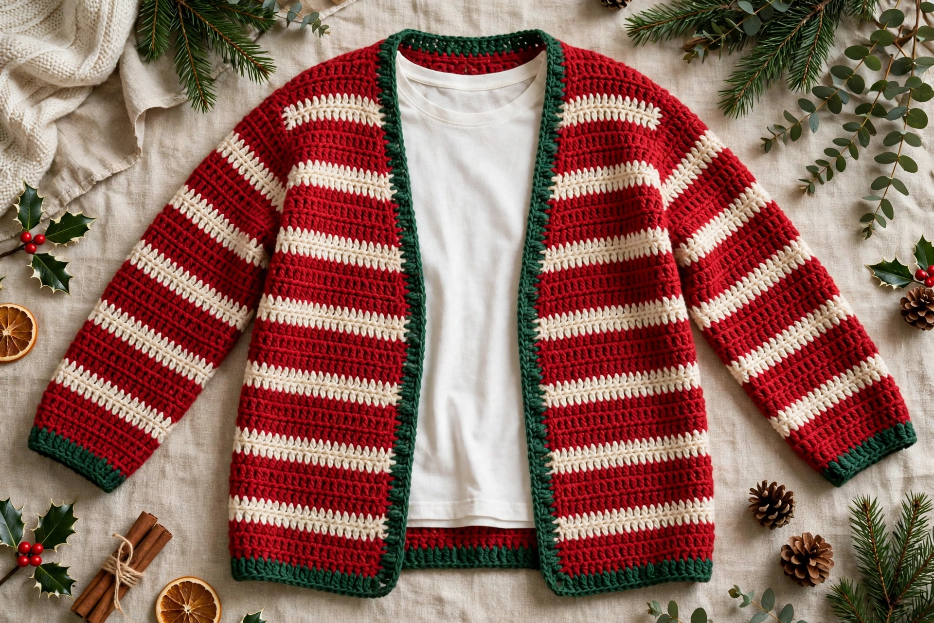 Step 8: Completed open-front cardigan laid flat and worn open over plain top, showing red body, cream stripes and green edging