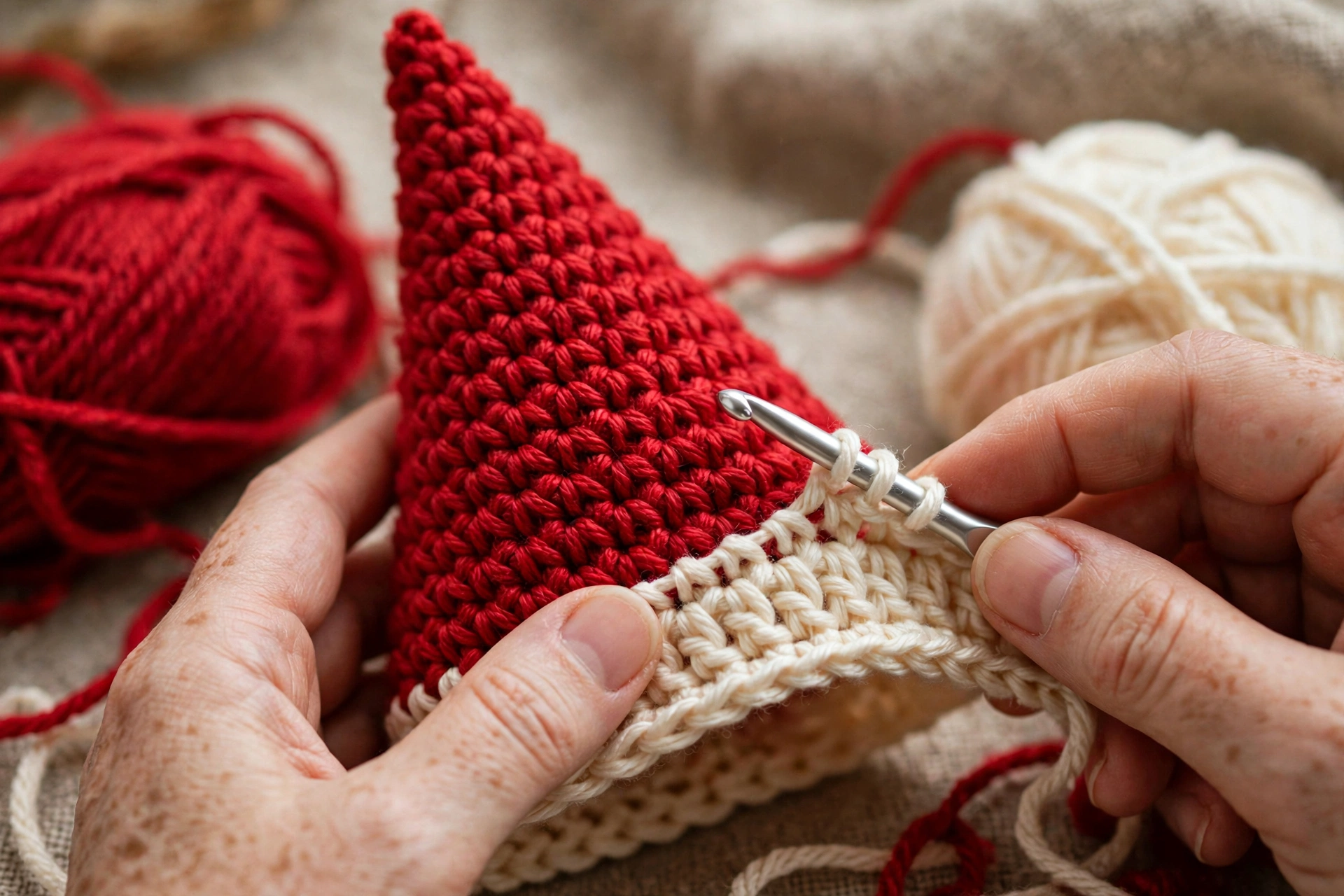 Pointed red hat with cream brim