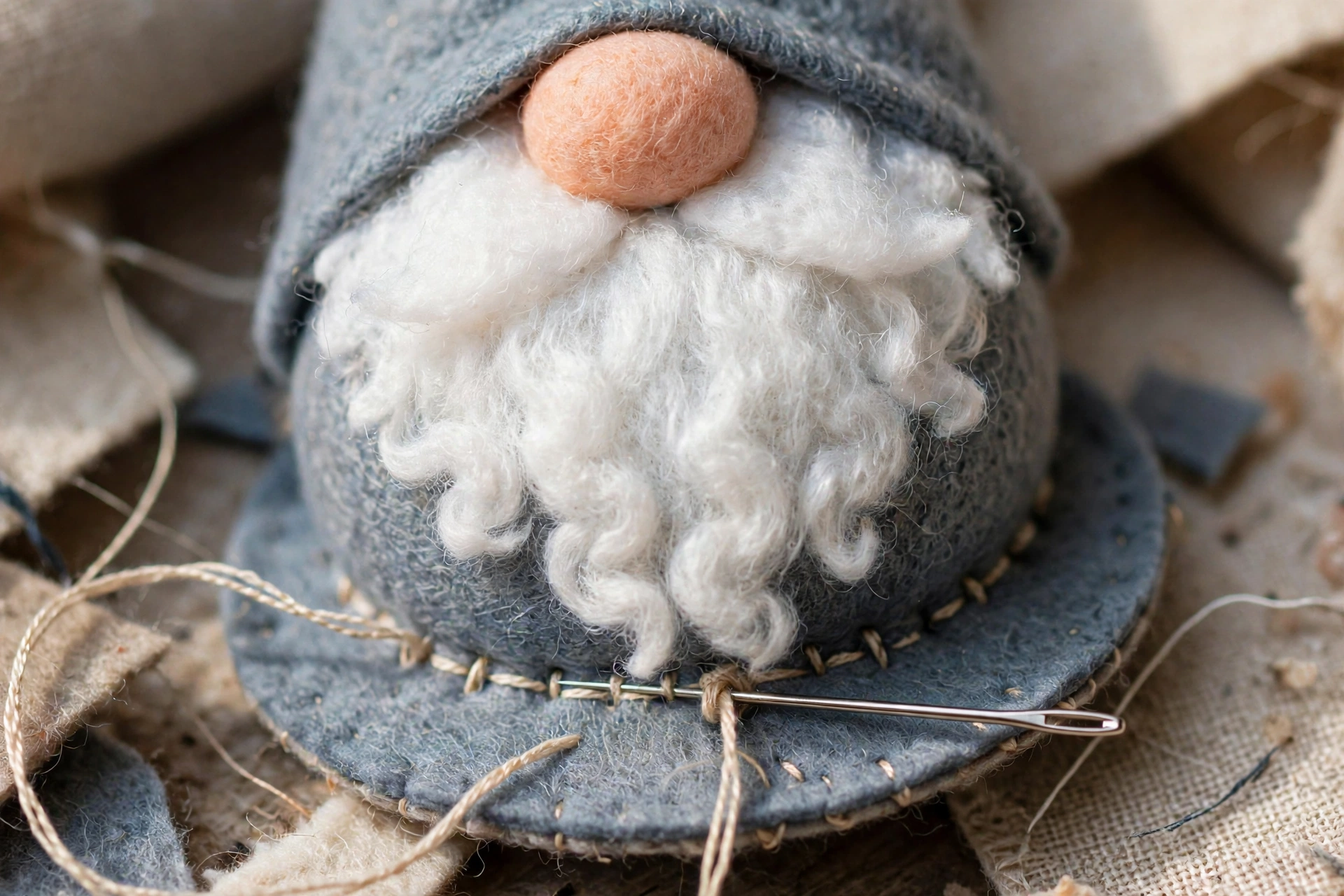 Sewing base, beard and nose onto gnome body