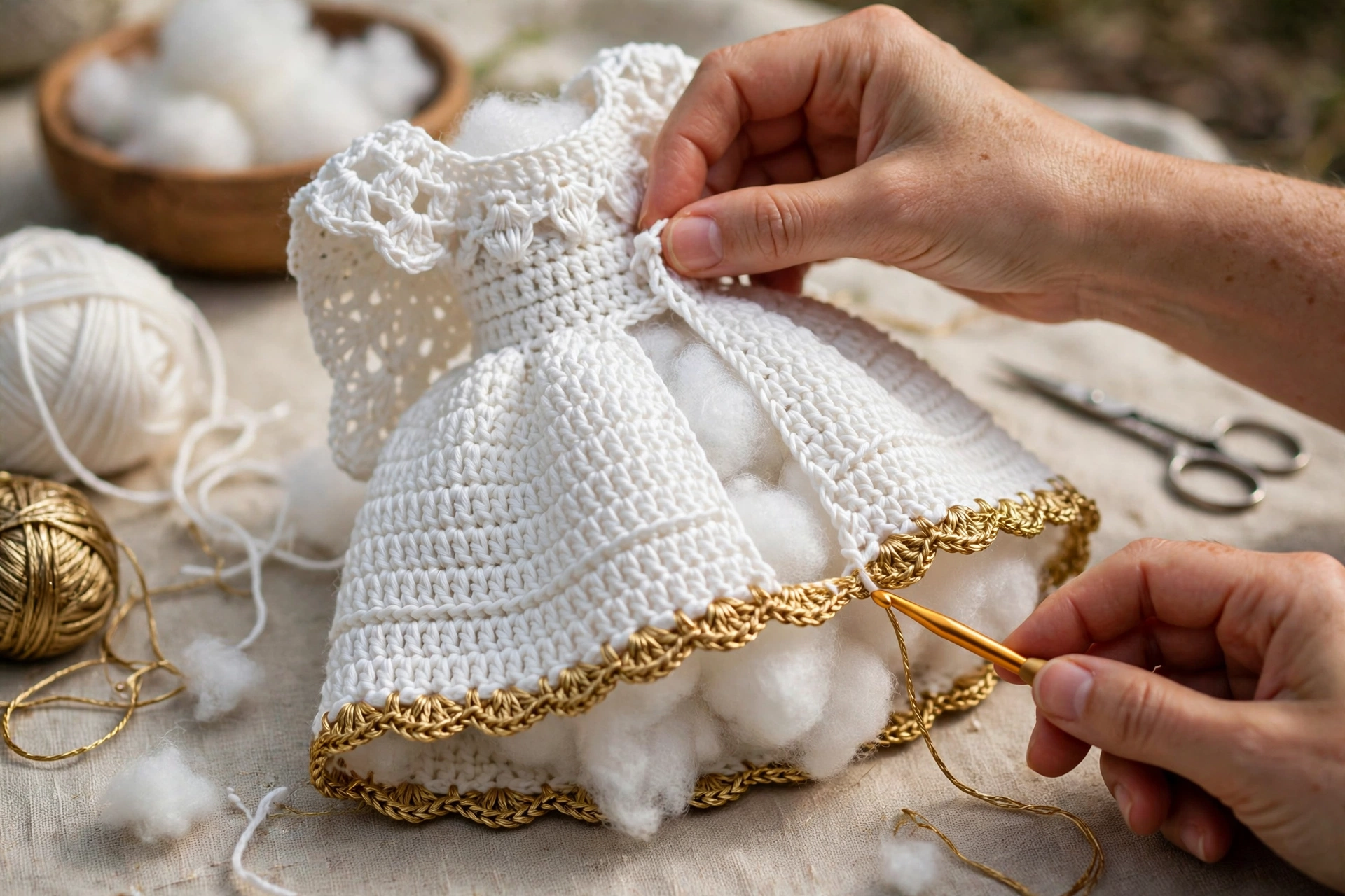 Bodice with gold hem trim and stuffing