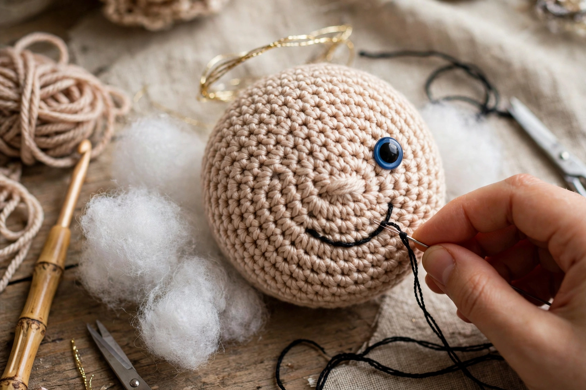 Round head with eyes and embroidered smile