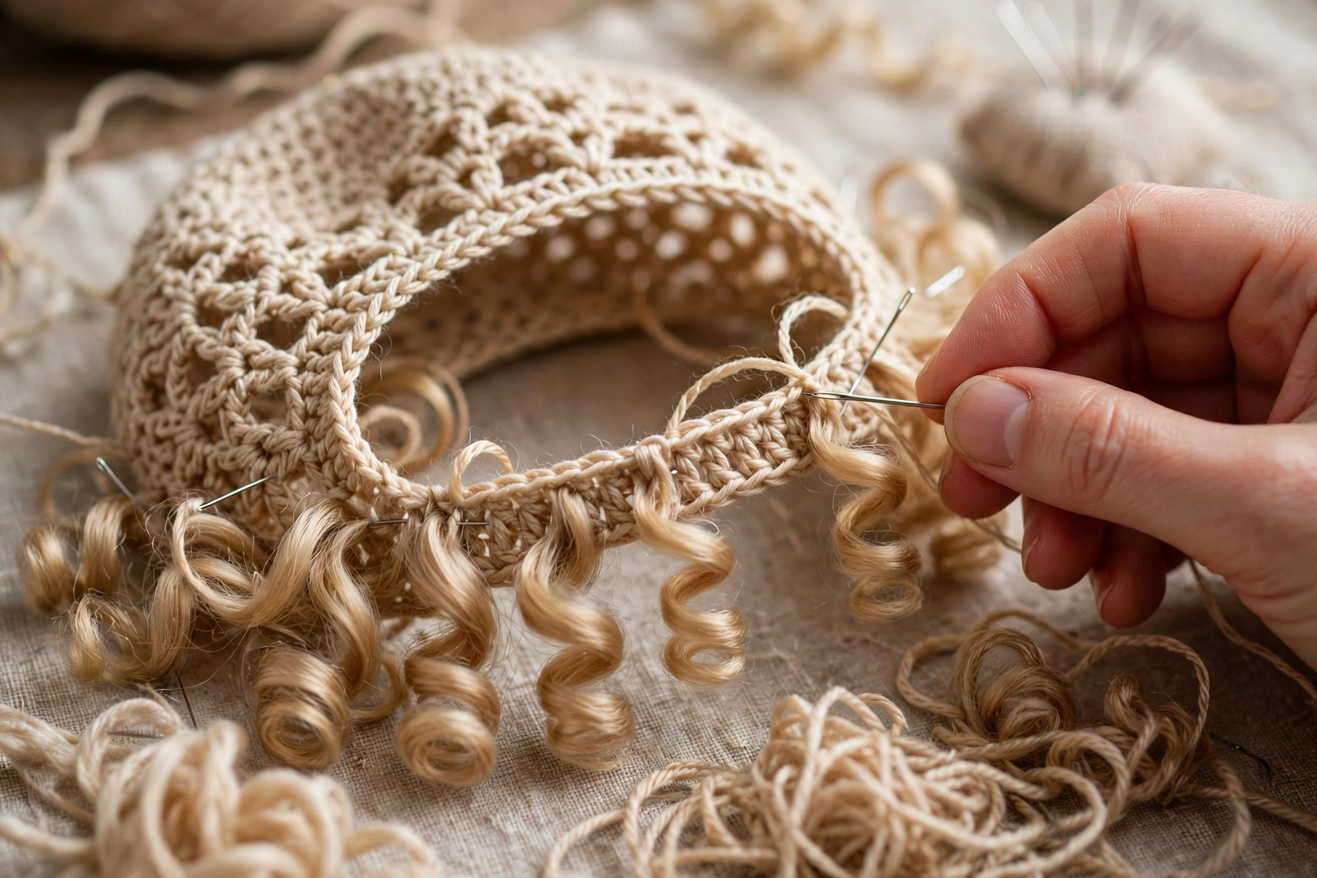 Hair cap and curls framing face