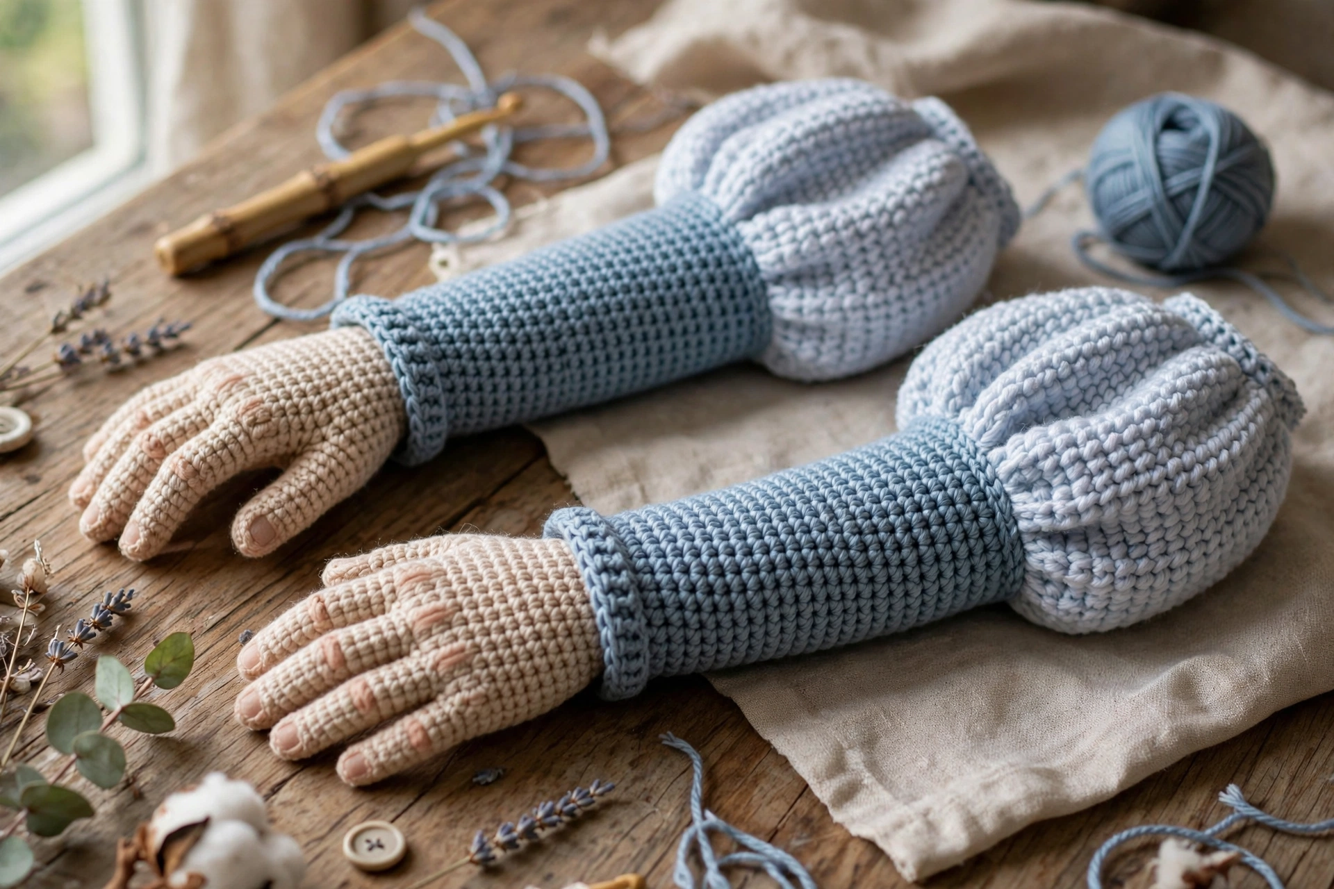 Two arms with skin-tone hands and dress-colour sleeves