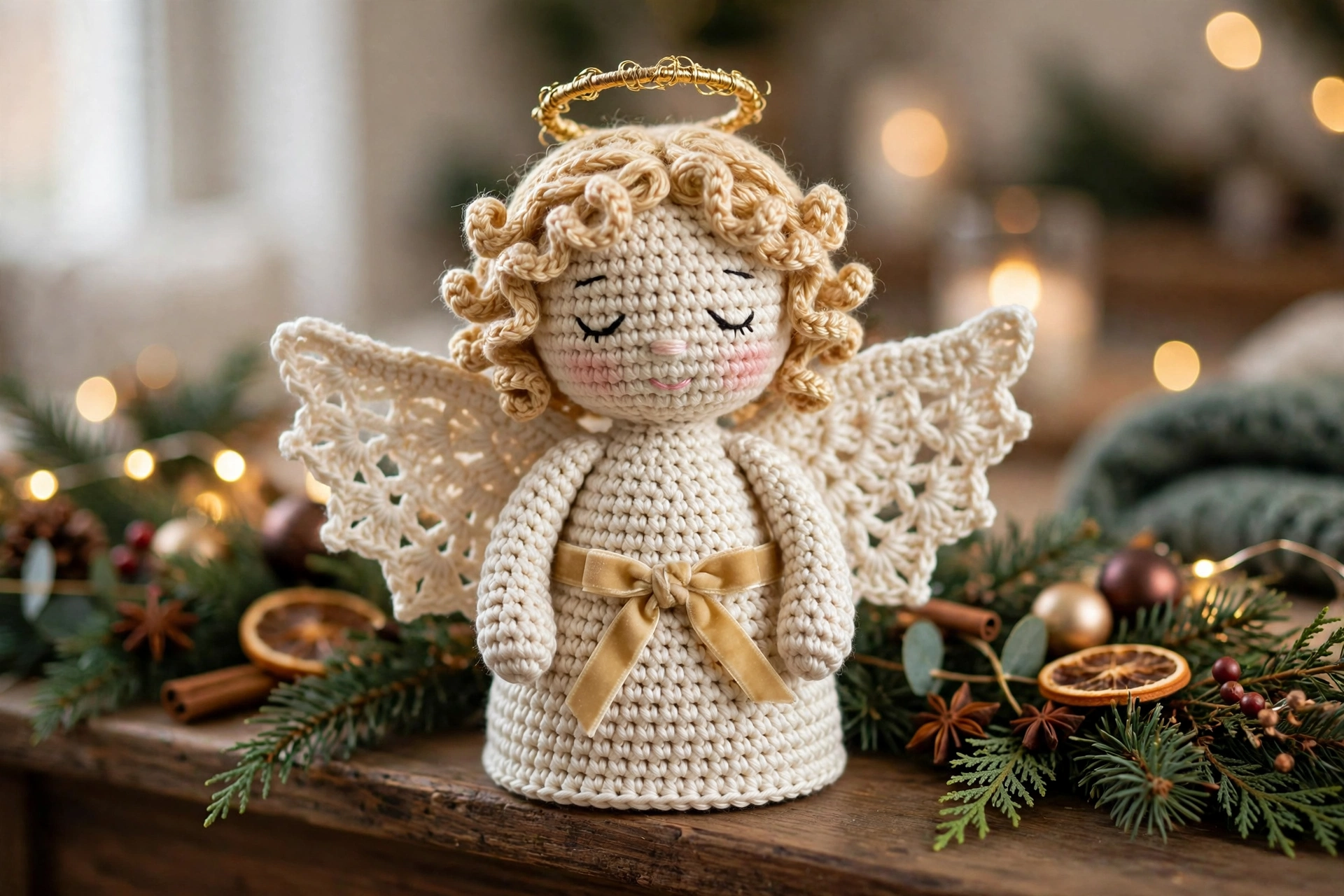 Assembled angel with head, hair, arms, wings and halo, final shaping