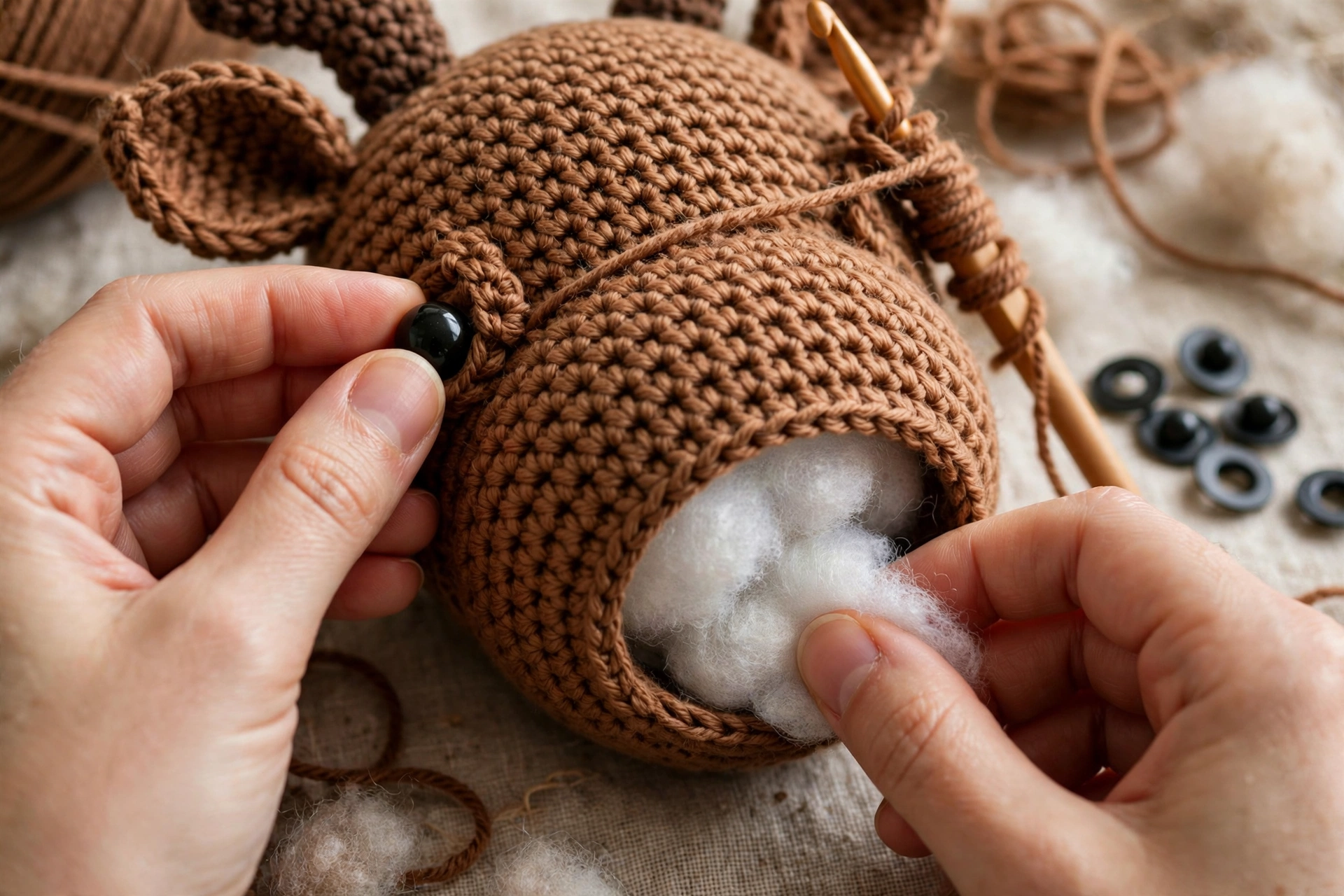 Crochet head in rounds with eyes fitted and stuffed firmly