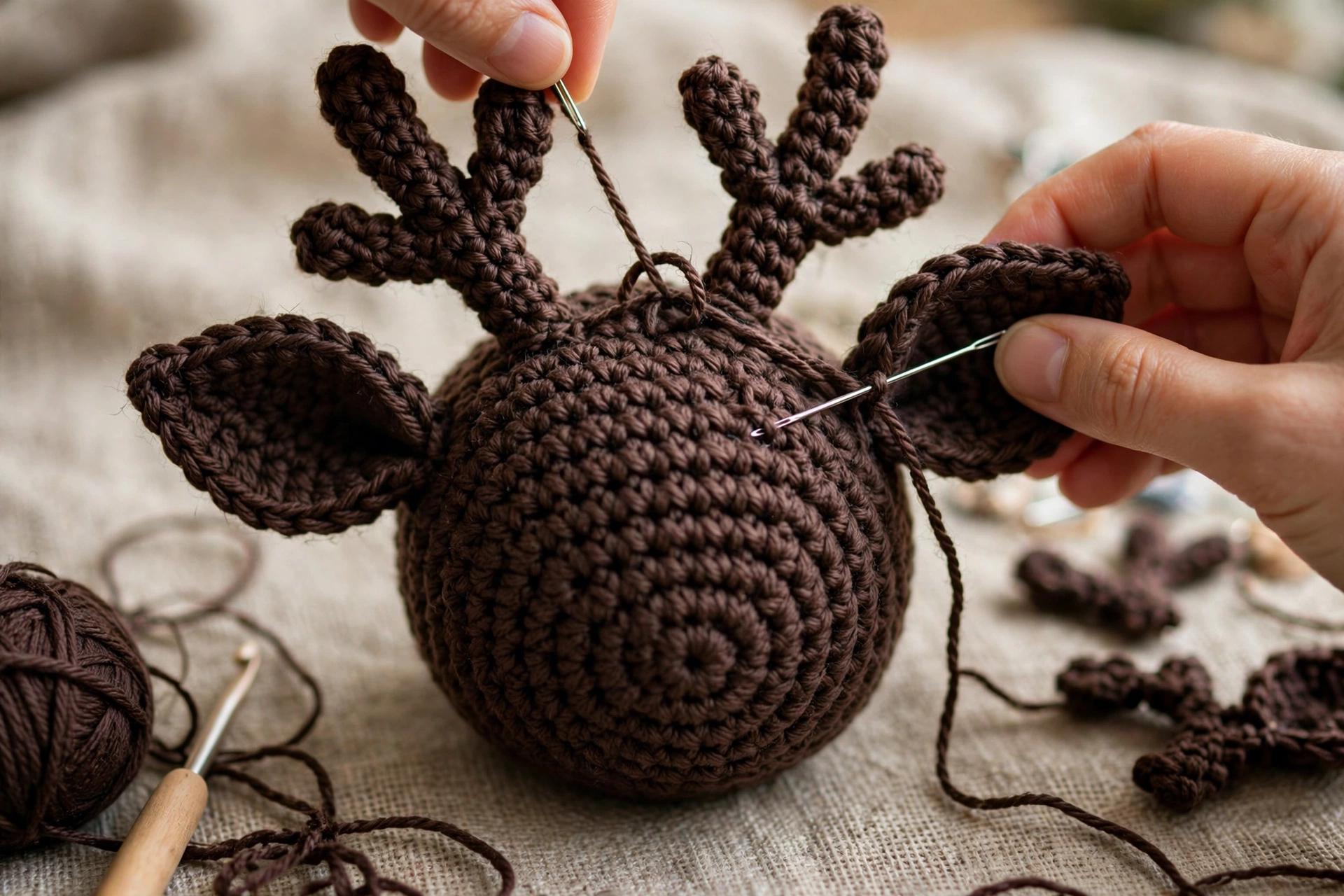 Ears and branching antlers sewn to head