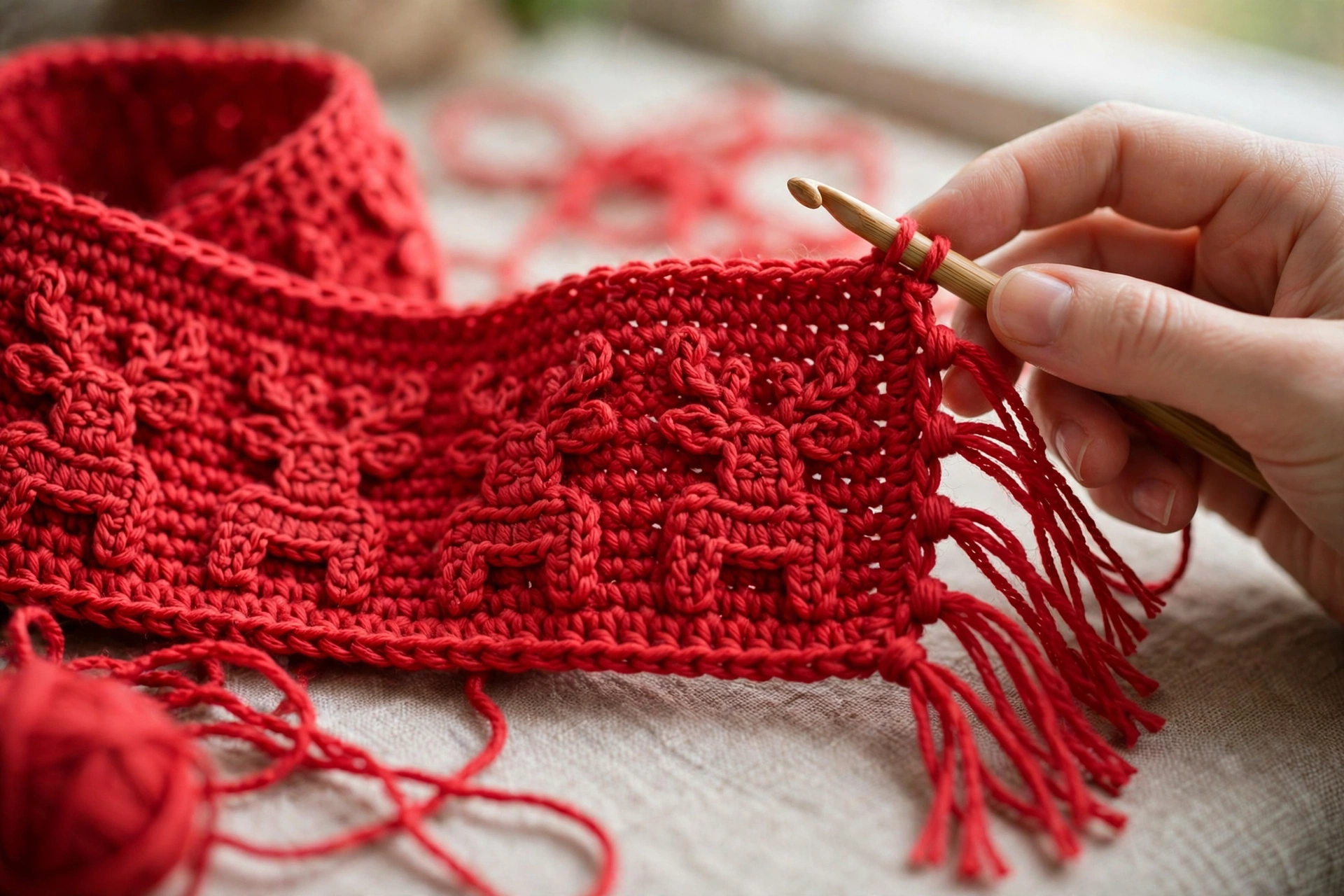 Red scarf in rows with fringe on both short ends