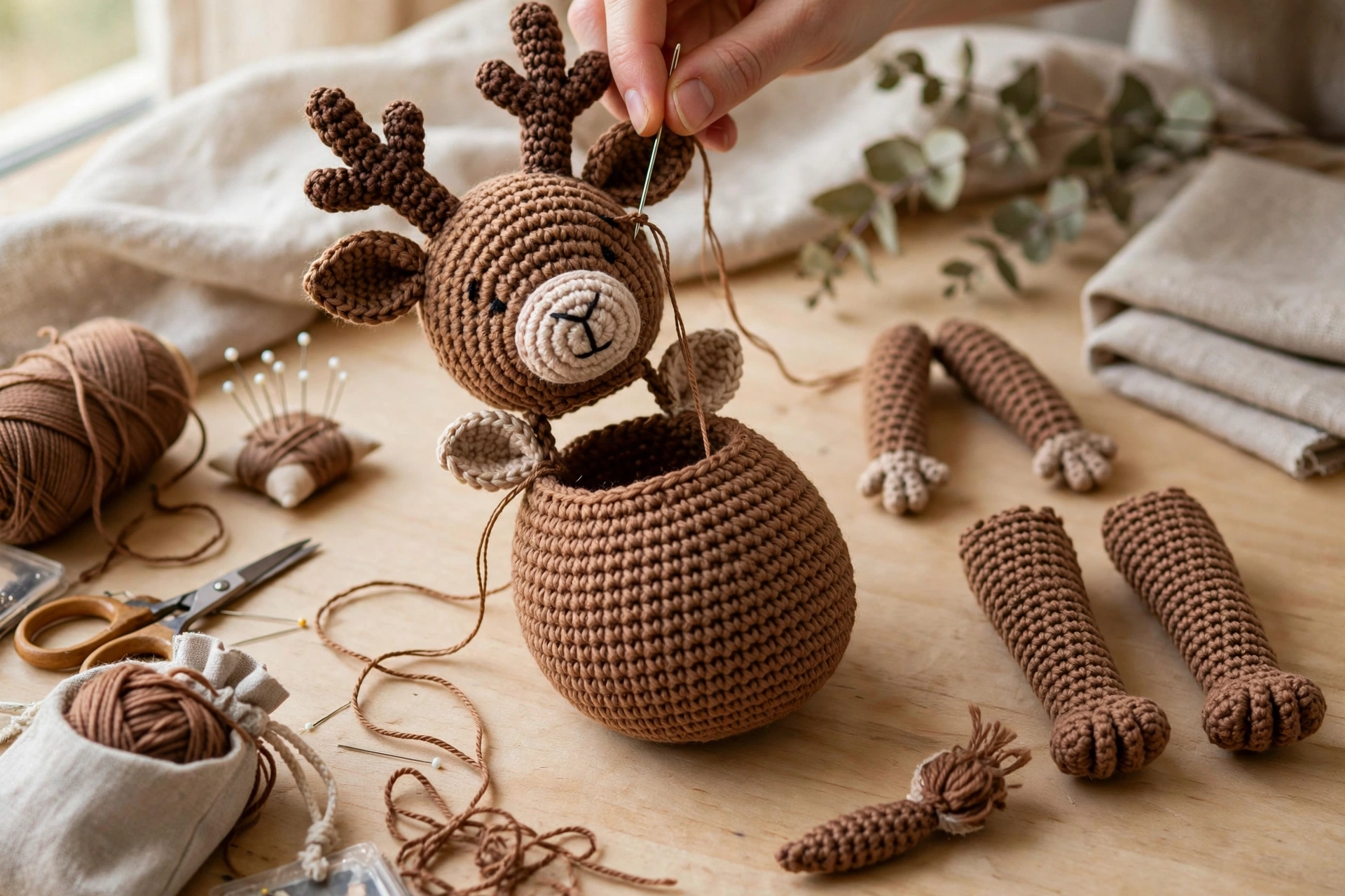 Assembled reindeer sitting upright with head, arms, legs and tail attached