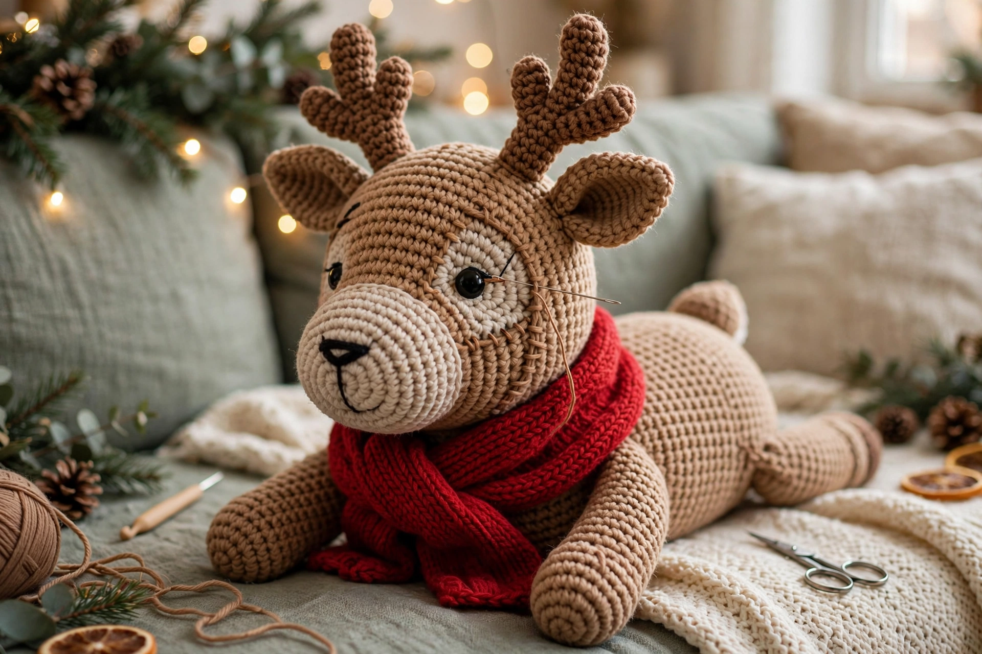 Finished reindeer with scarf, final shaping and safety check