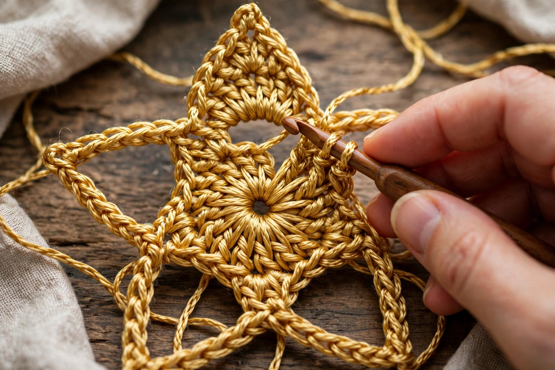 Remaining four points worked the same way, one group of 5 centre stitches at a time, until the star has five points