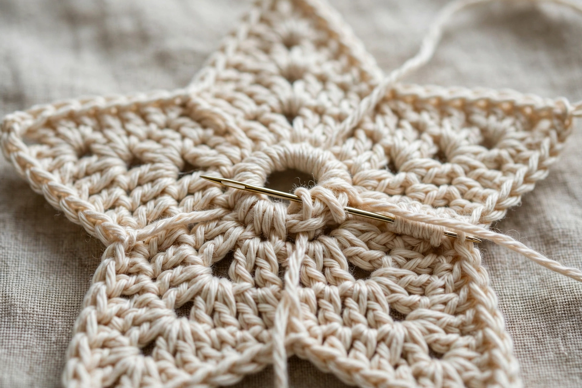 Weaving in all yarn ends on the back of the star, closing the magic ring neatly and keeping the tips in shape