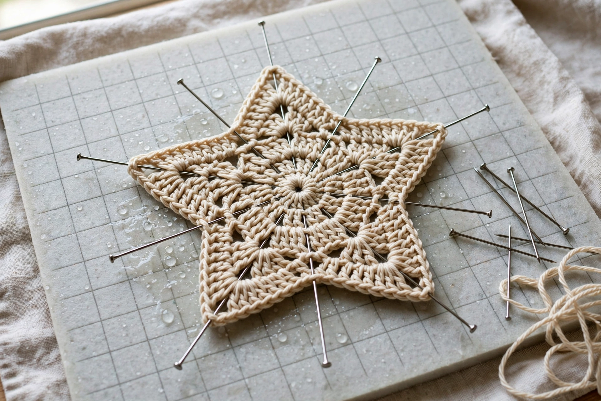 Blocking the star flat, pinning each point straight out from the centre and leaving until completely dry