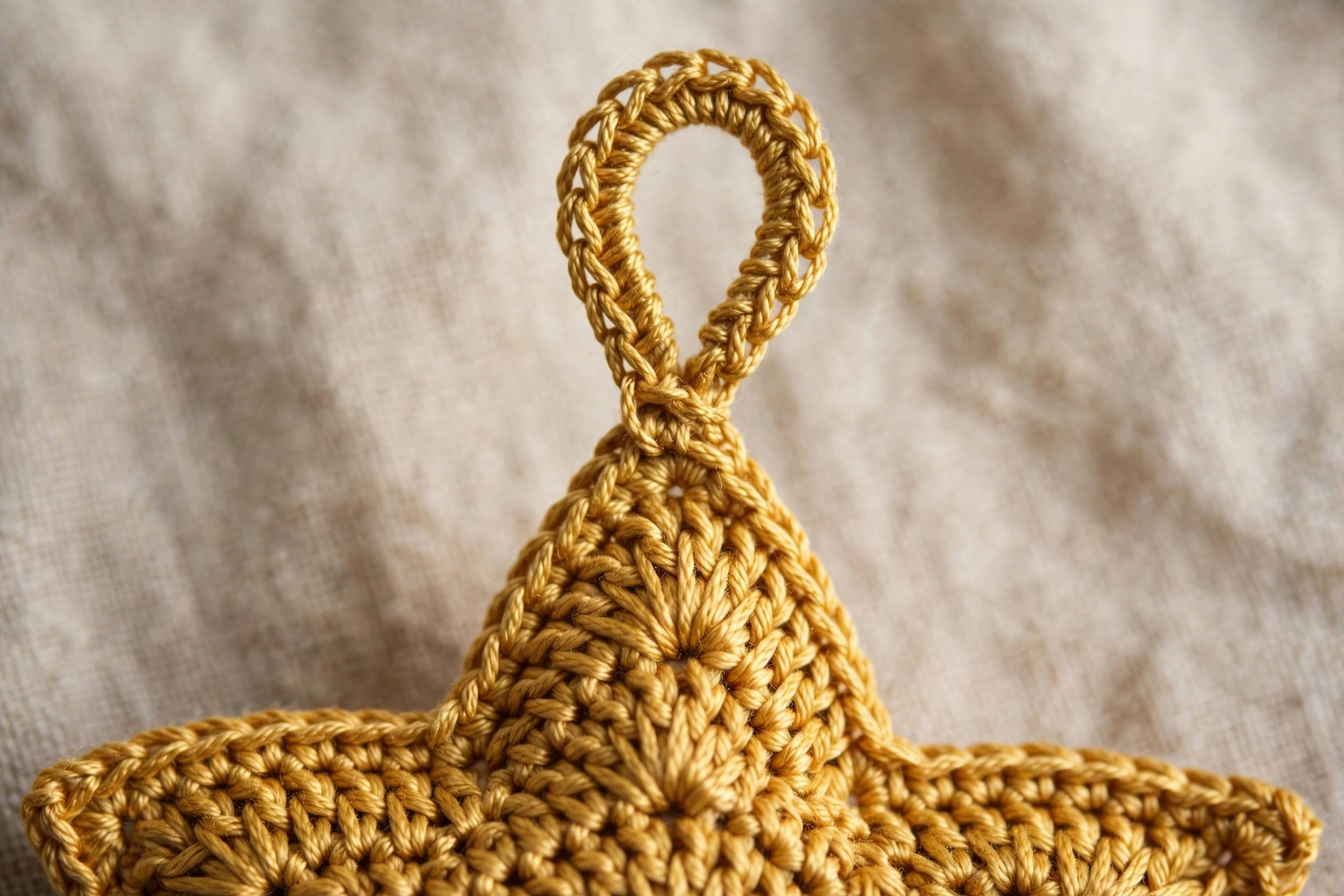 Adding a hanging loop to the tip of the top point by chaining 20 and slip stitching back into the same tip stitch