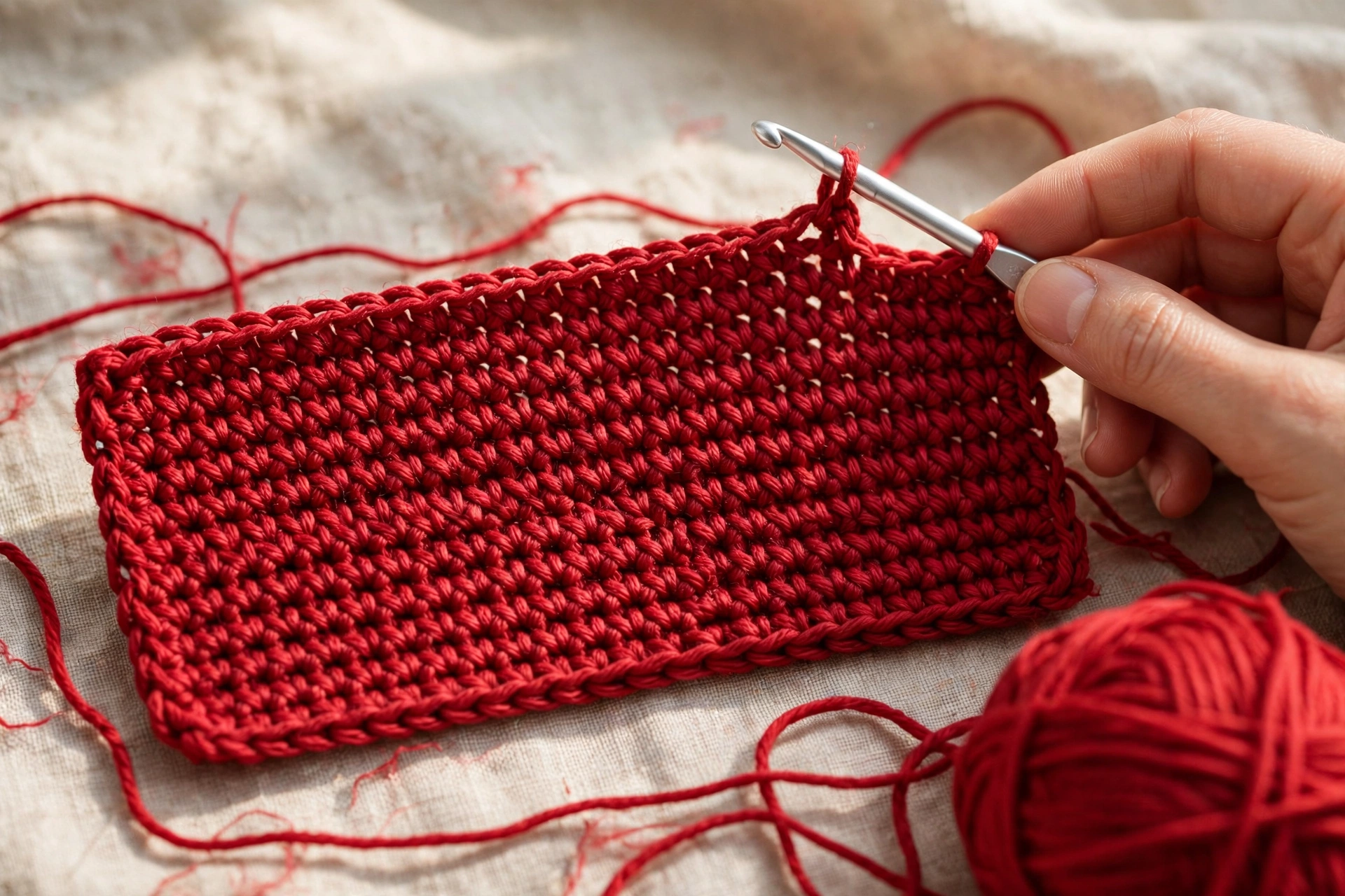 Flat rectangular base crocheted in red, with 42-stitch rows building up to a 12-inch by 4-inch rectangle