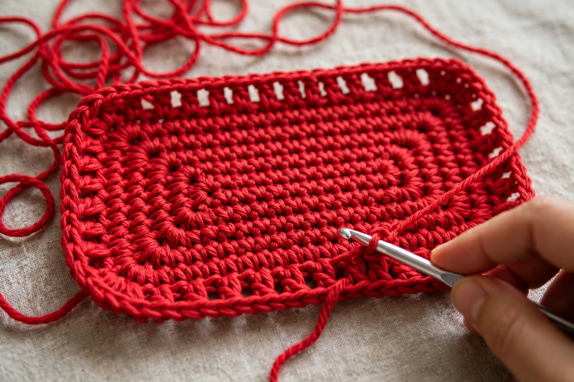 First round worked around all four edges of the base, turning the flat rectangle into a continuous 116-stitch round