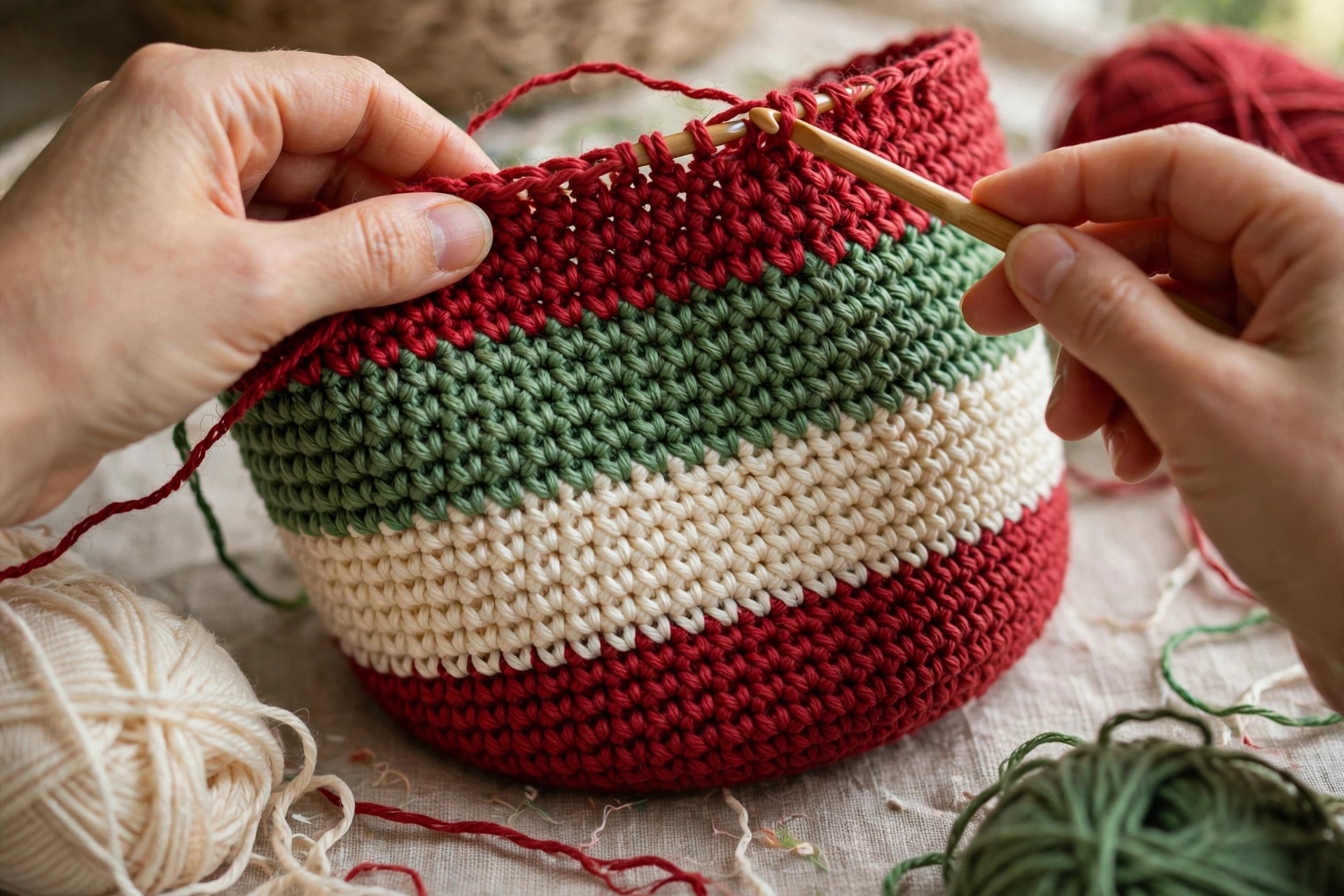 Striped body crocheted in joined rounds, with red, cream and green stripe blocks growing upwards