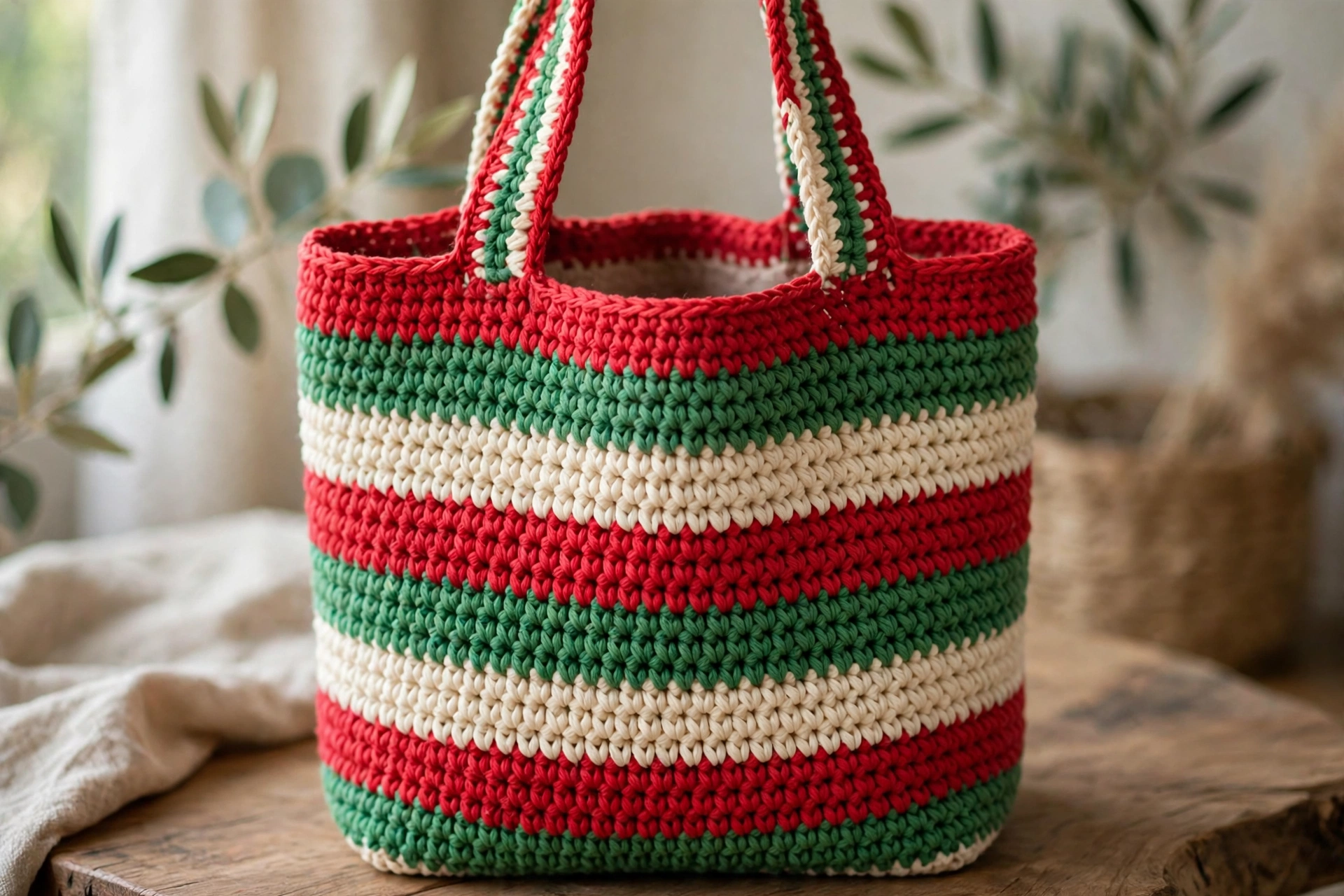 Finishing the top edge of the body in red, with the completed striped tote standing upright and empty