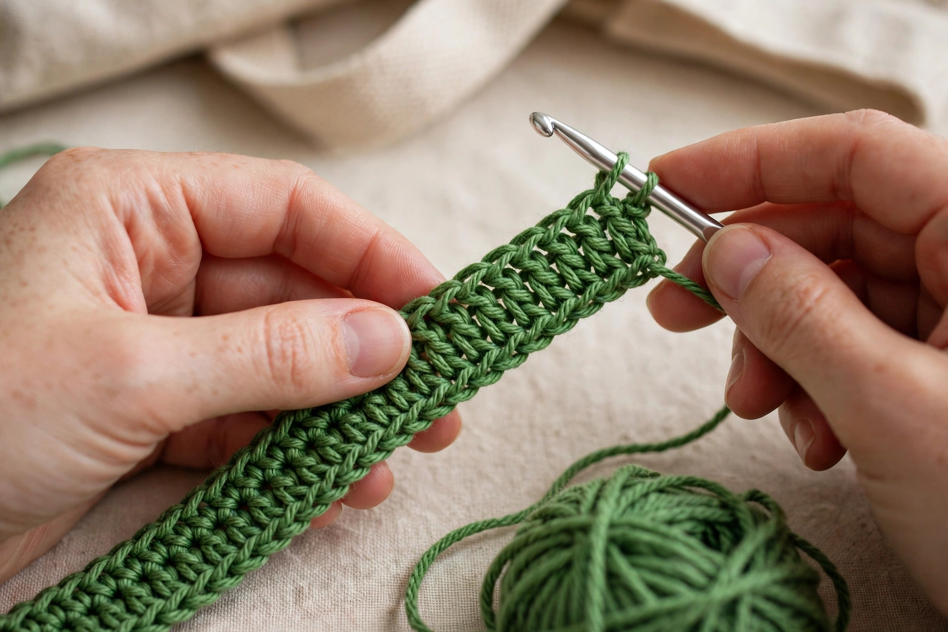 Long, narrow green handle strip showing 5-stitch width and even rows