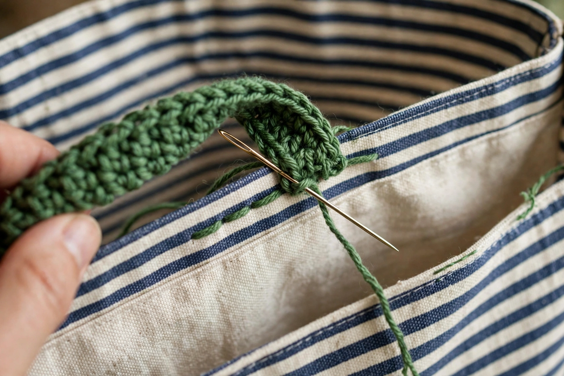 Sewing the first handle to the inside front of the bag, with a tapestry needle stitching the handle end through the top rounds