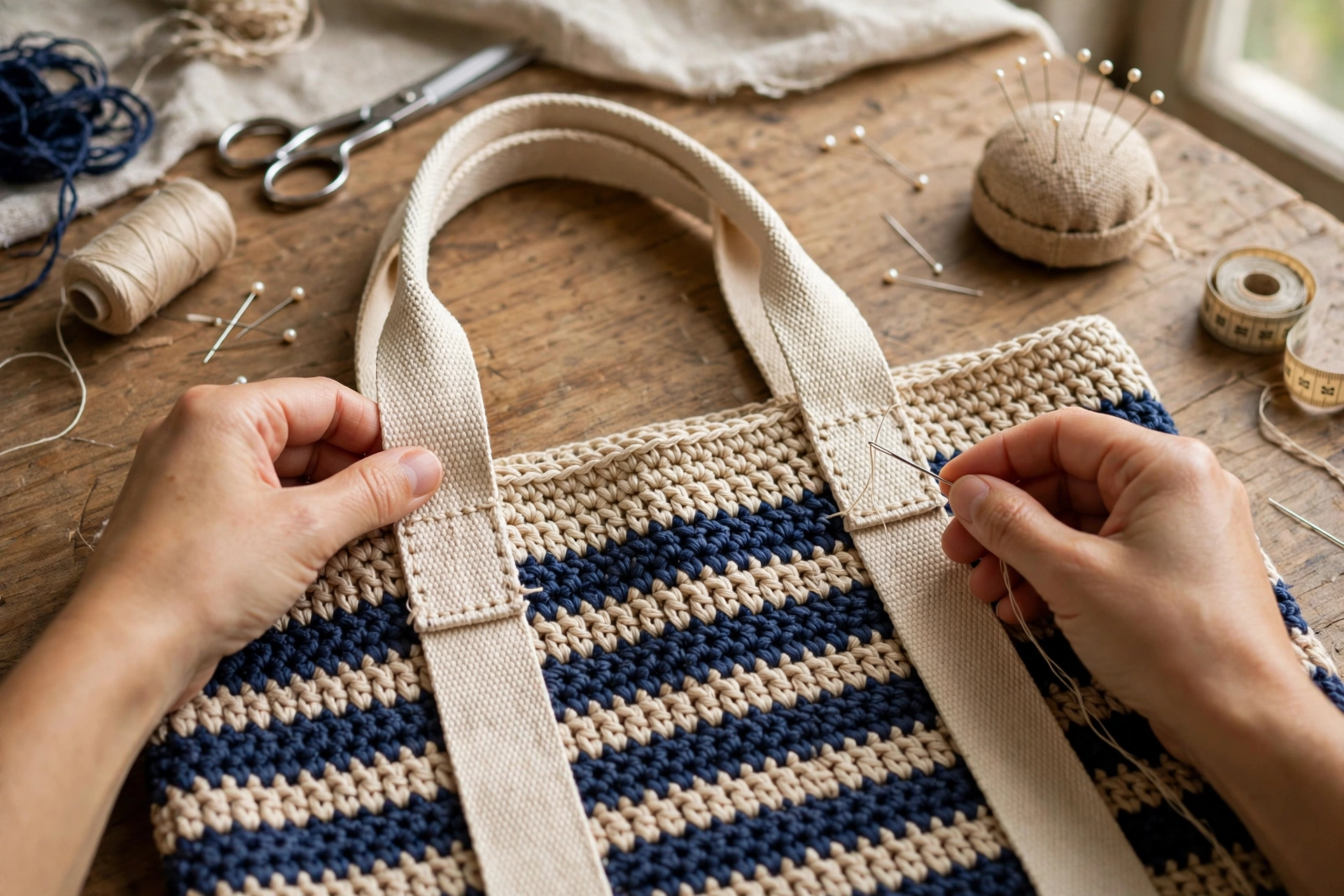 Sewing the second handle to the back of the bag and checking both handles line up and hang evenly