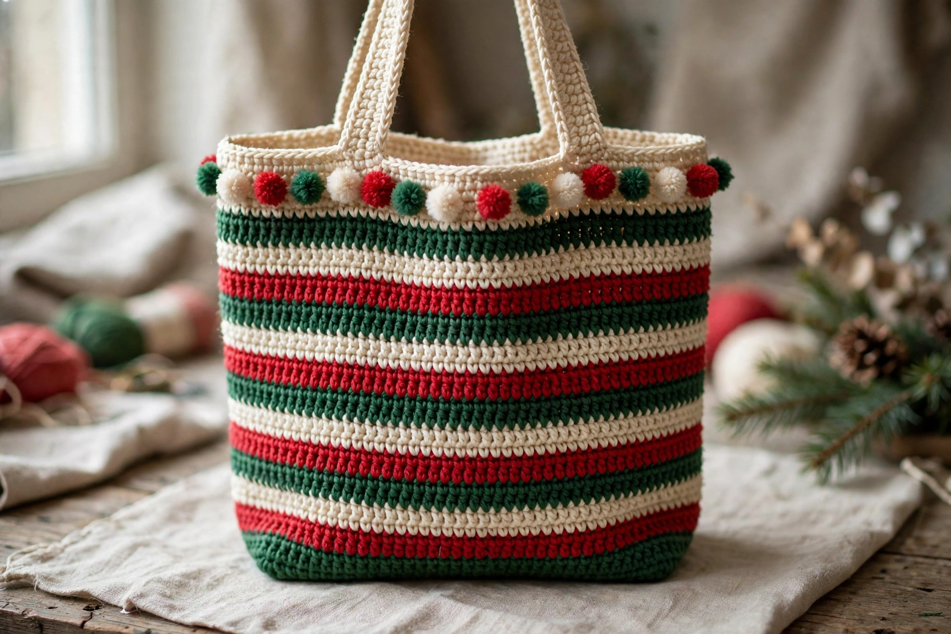 Adding optional pom-poms and doing the final shaping check, showing the finished Christmas bag ready to use
