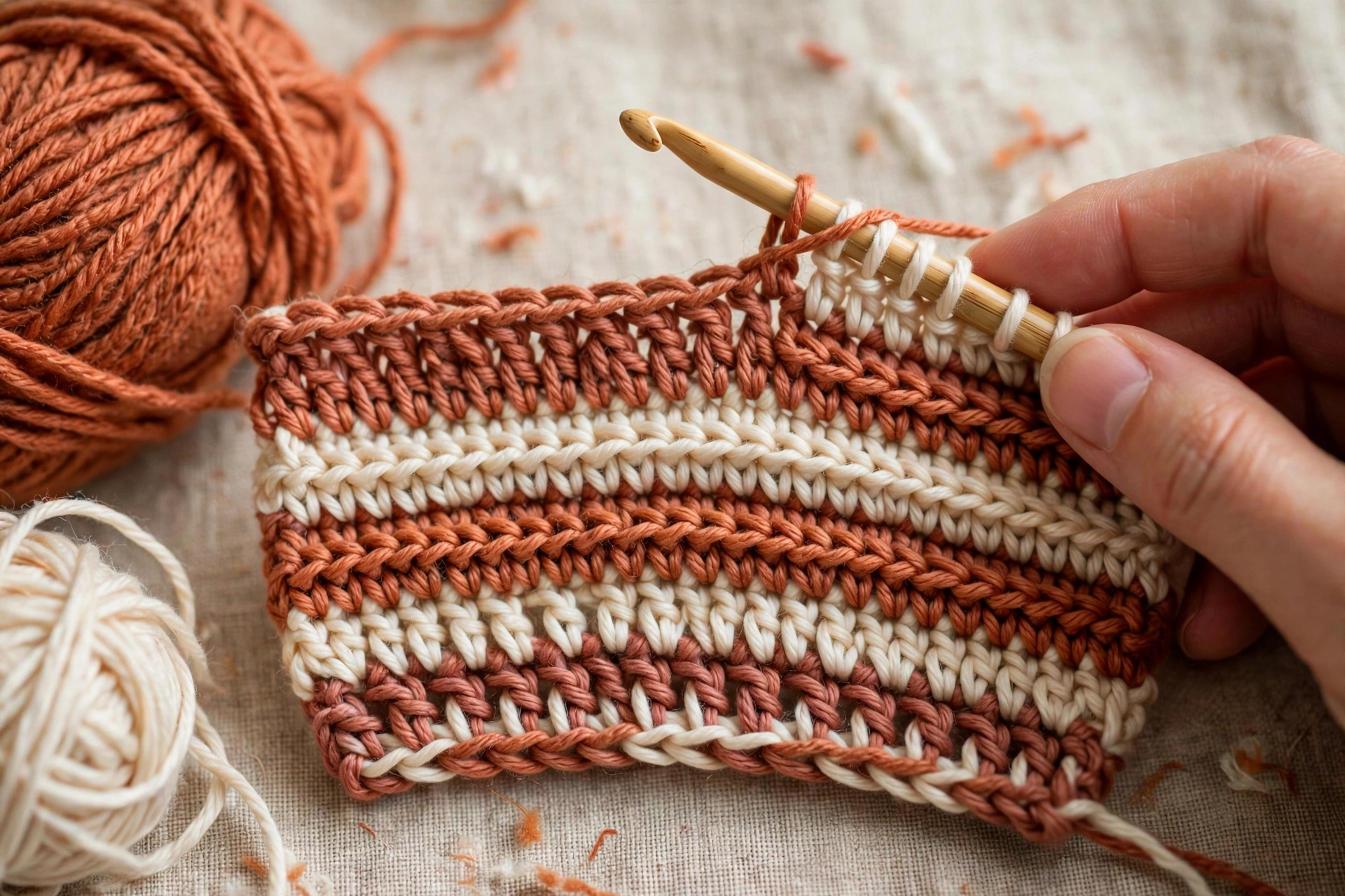 Mug cozy starting as a striped rectangle worked in back-loop half double crochet