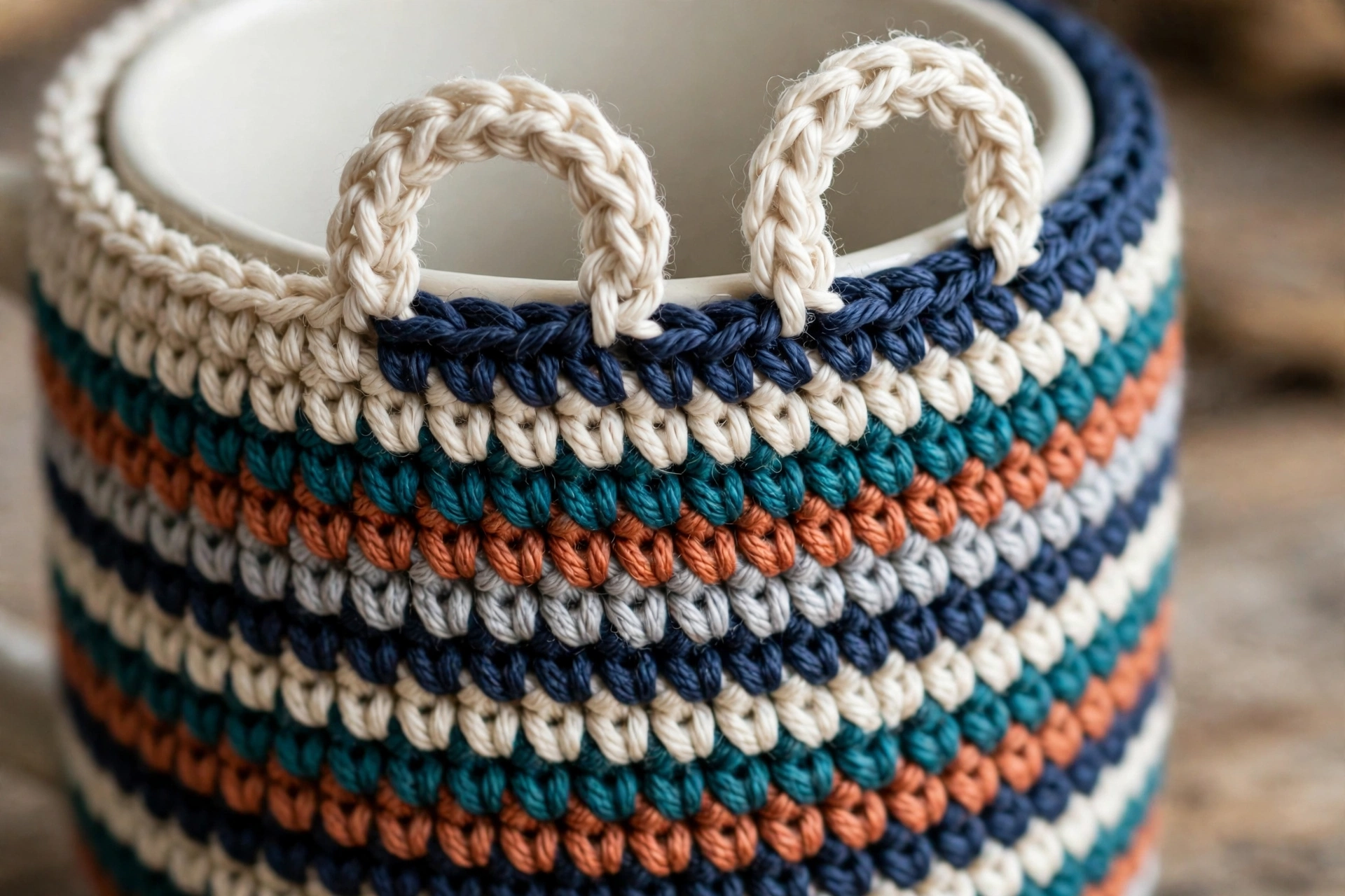 Mug cozy stripes and button loops, with contrast stripes and two chain-6 loops in the final row