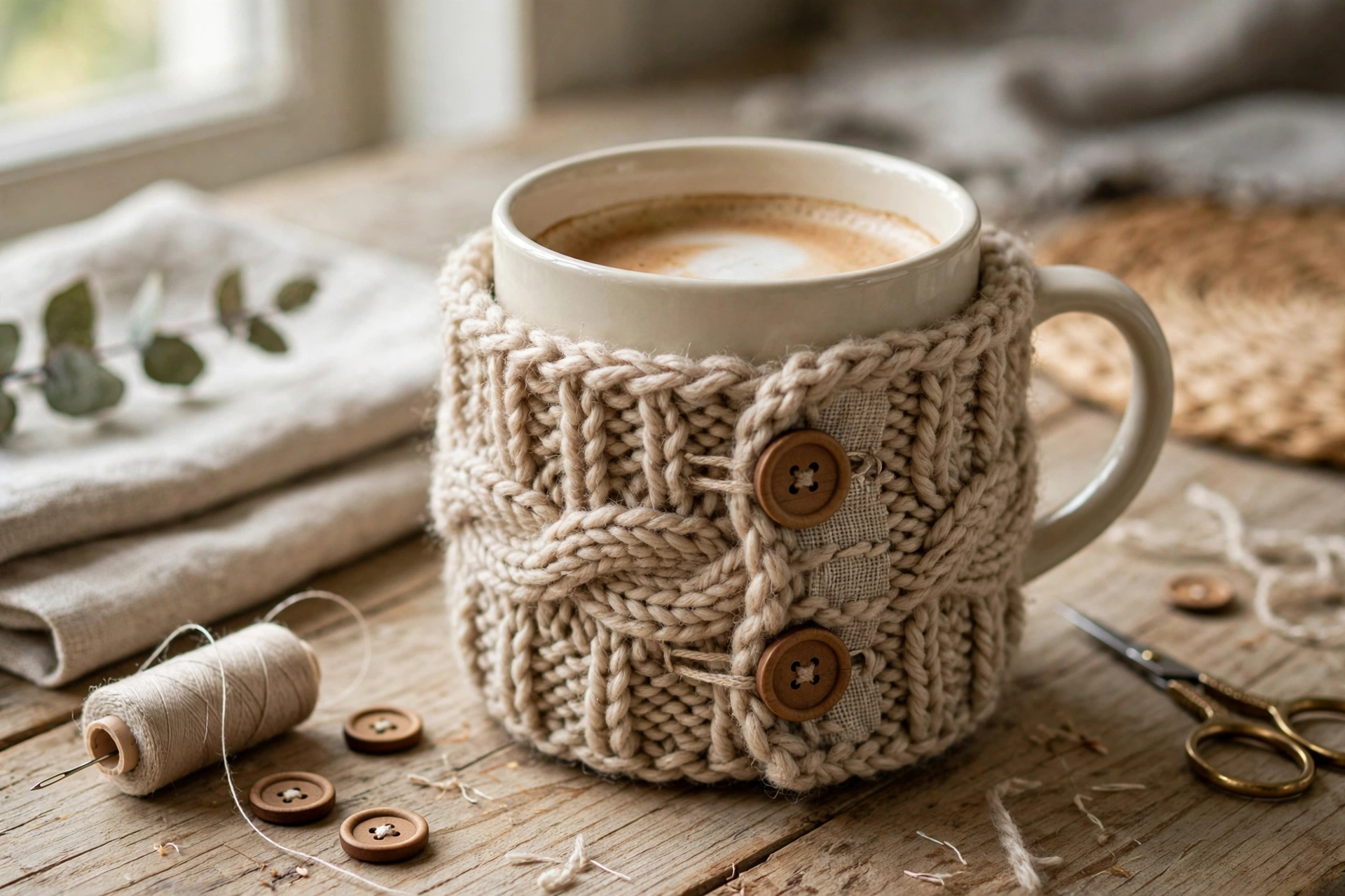 Mug cozy finished and fitted around a mug, with buttons fastened through the button loops