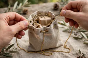 Gift pouch threading drawstring through eyelets and closing