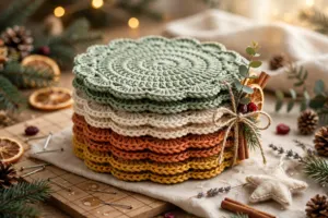 Coaster set of four finished and stacked, tied for gifting