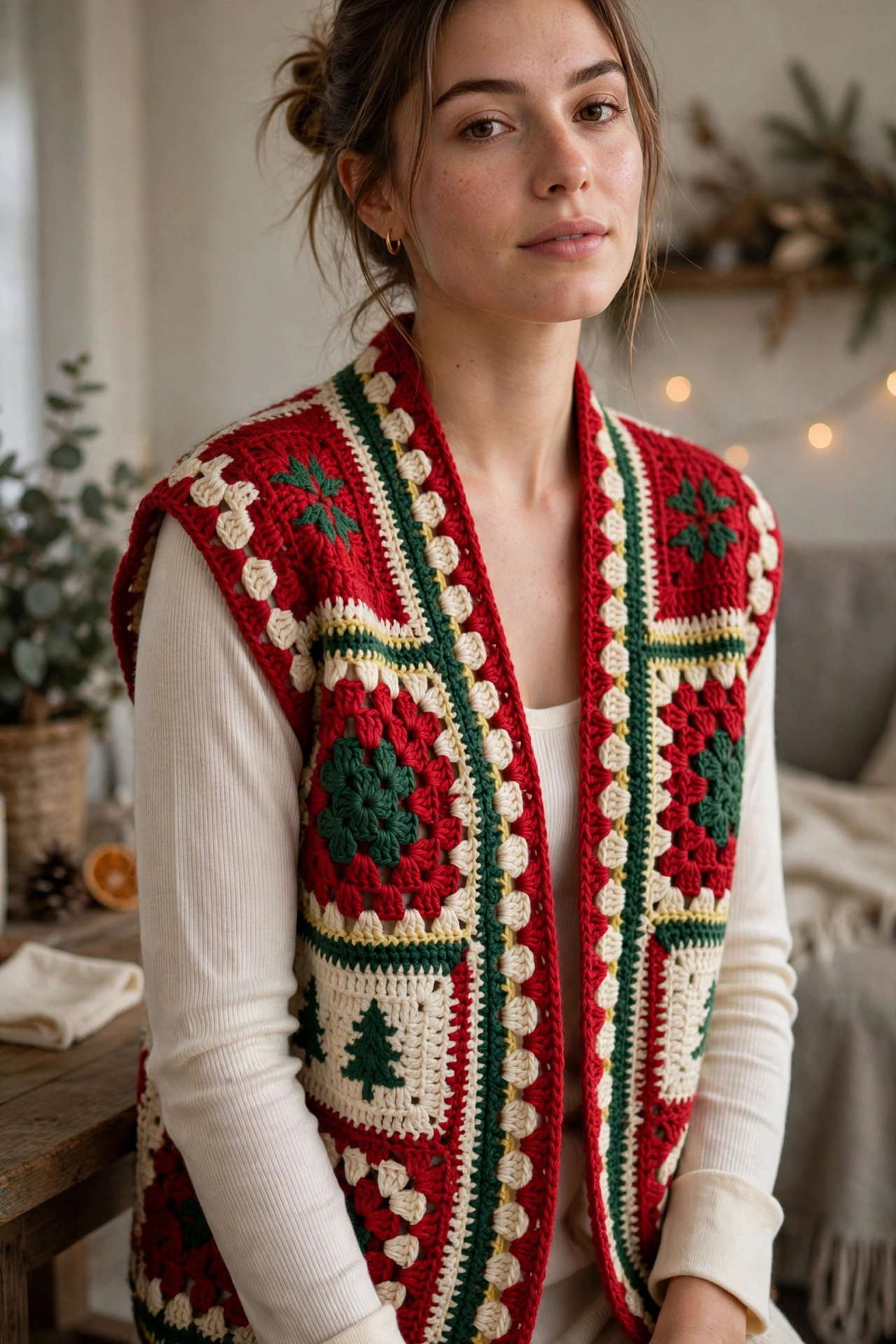 Crochet Christmas vest in red, green and cream