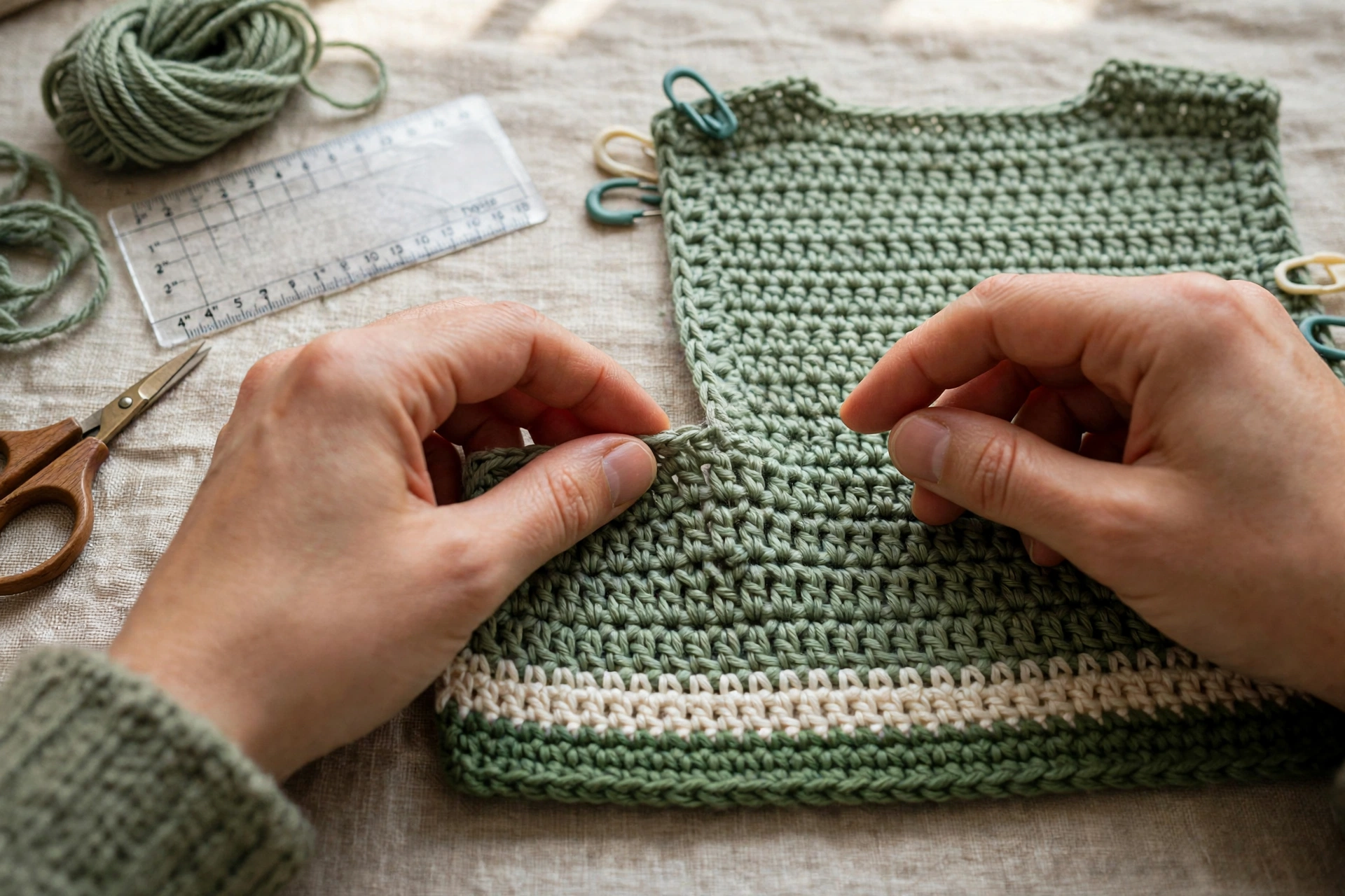 Checking gauge and chaining back panel, with green hem band and cream stripe at bottom
