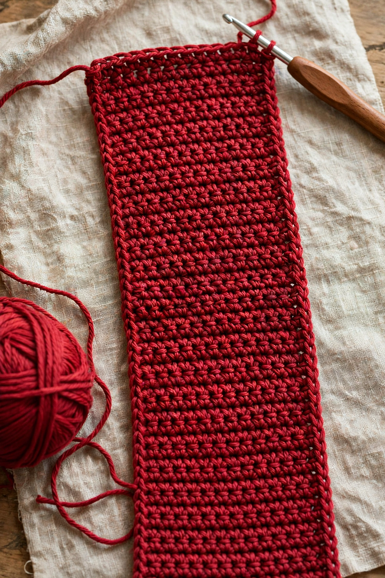 Working back panel in red double crochet up to full 22-inch length