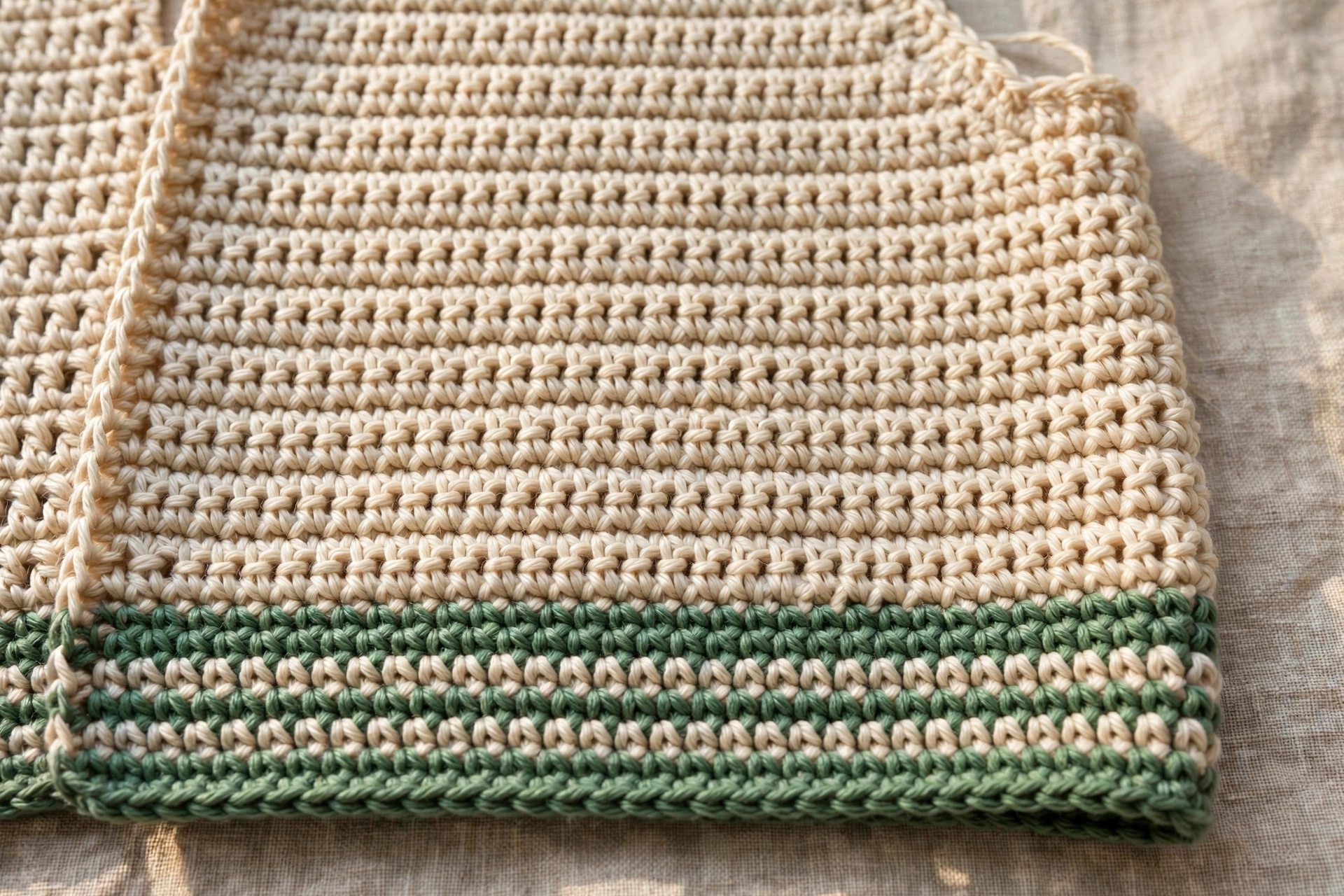 Starting first front panel, showing same hem stripes and straight double crochet rows