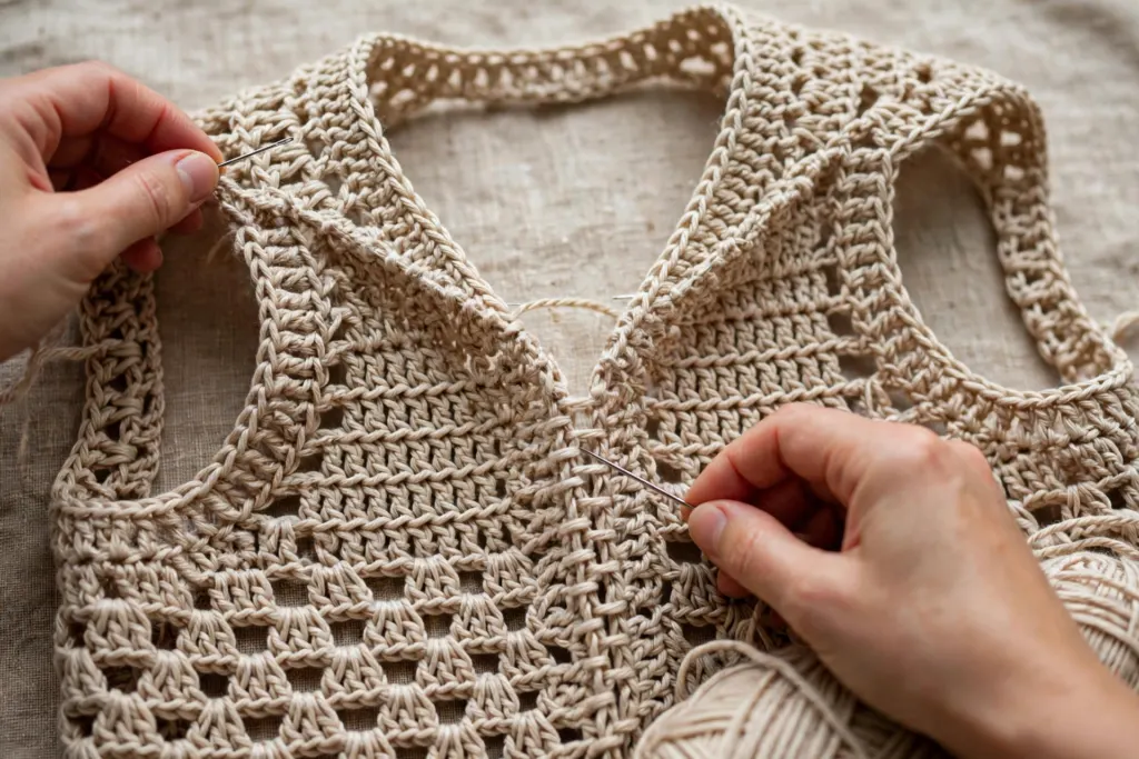 Seaming the shoulders and sides, leaving the back neck and armholes open