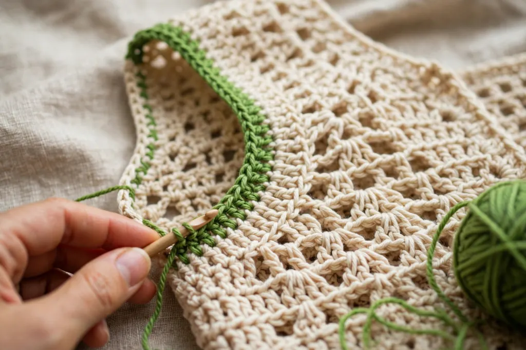 Green single crochet edging around one armhole