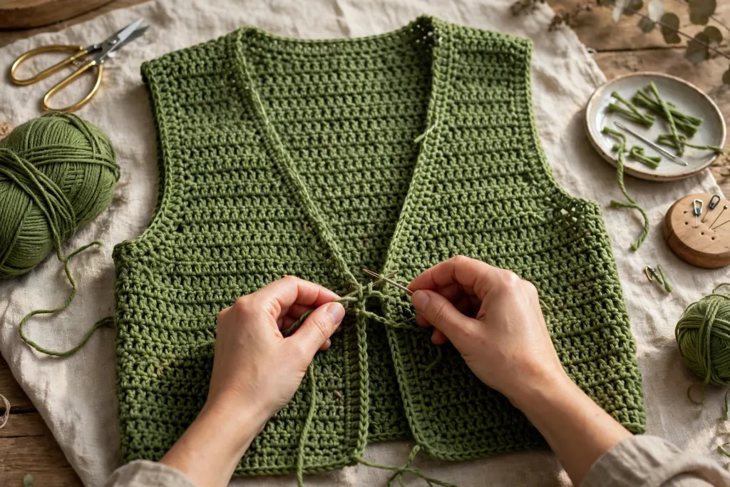 Green neck and front edging around the V-neck and front opening