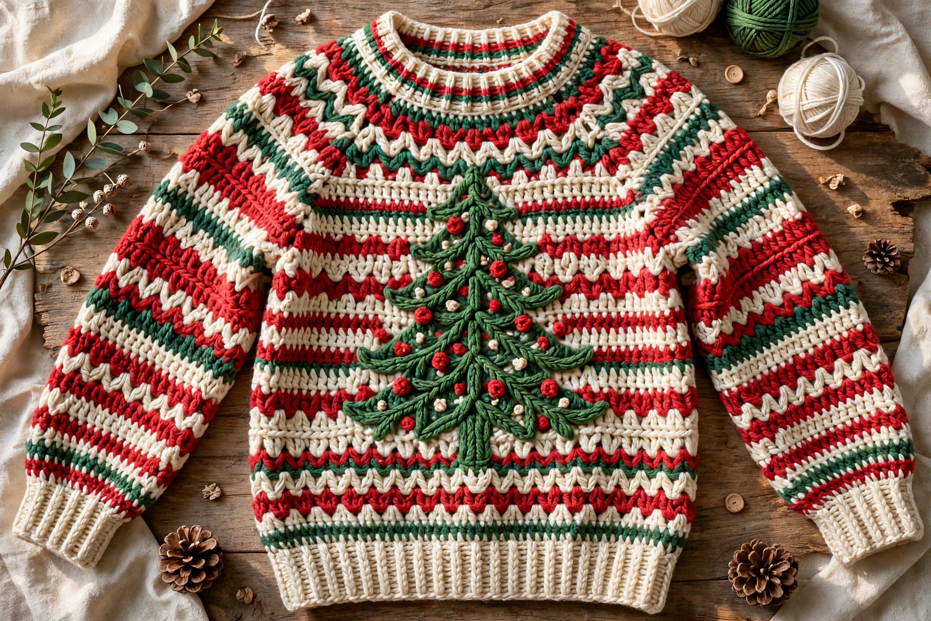 Crochet Christmas jumper with a green Christmas tree motif in red, green and cream