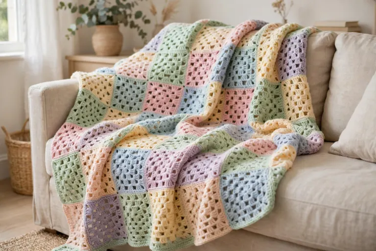 Lightweight breathable crochet summer blanket in soft pastel colors