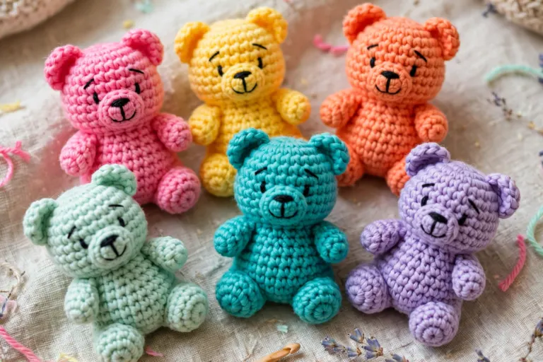 Colorful crochet gummy bears in a row — pink, yellow, teal, orange and purple amigurumi bears