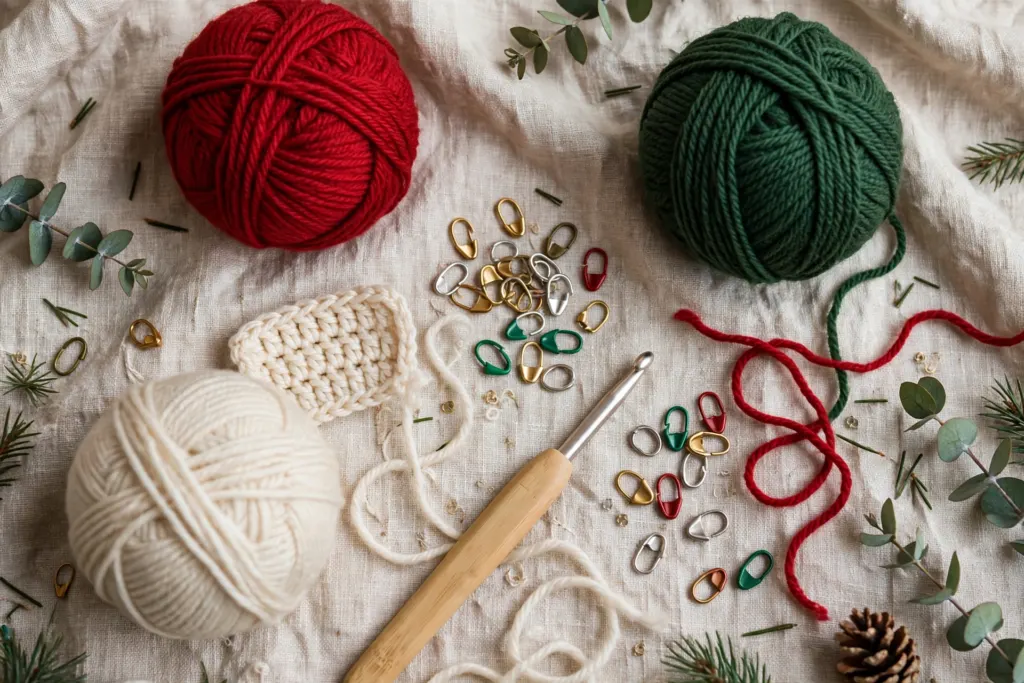 Red, green and cream worsted yarn, a crochet hook and scissors laid out as materials for the Christmas jumper