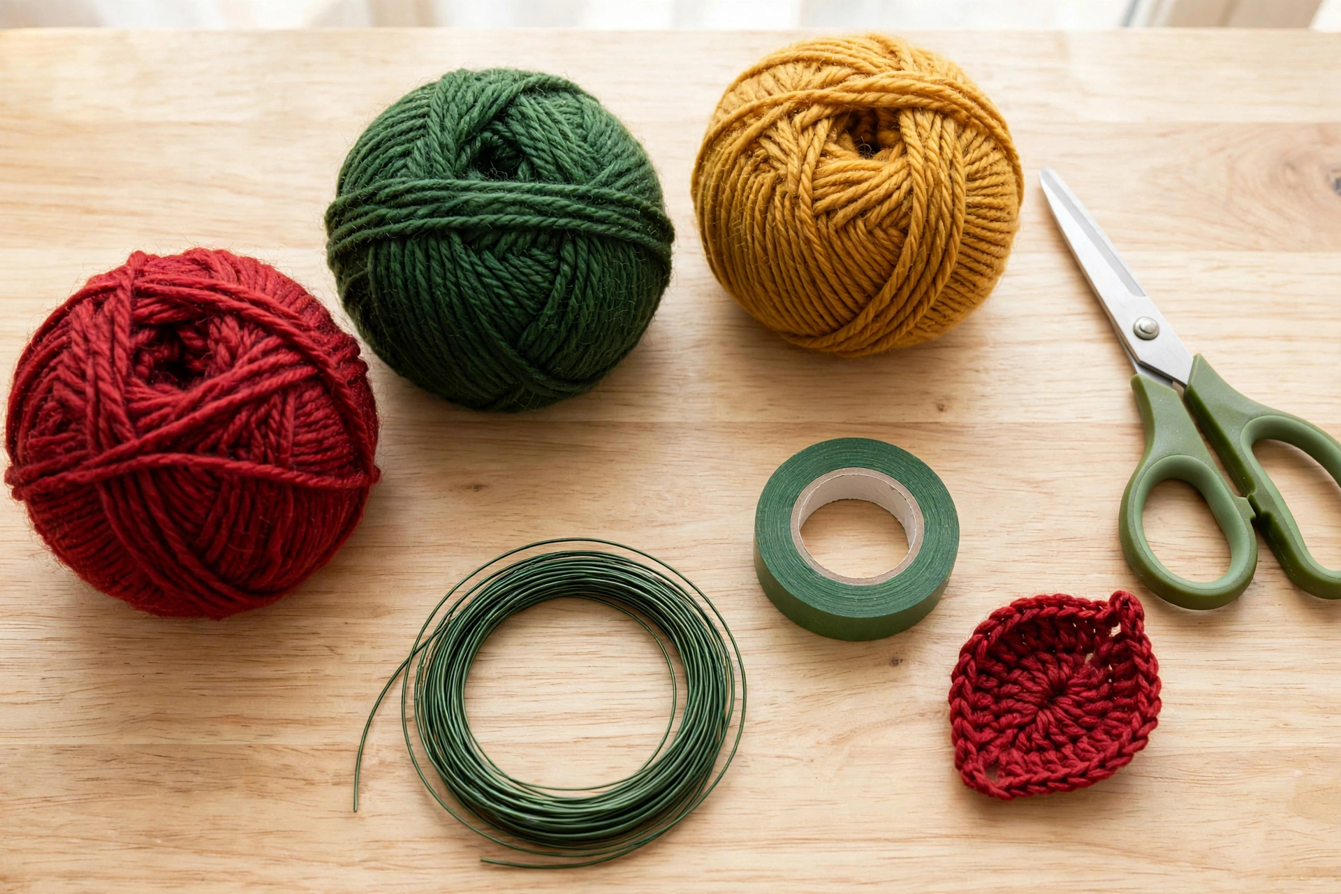 Red, green and gold worsted yarn, a crochet hook, floral wire and floral tape laid out for the poinsettia crochet flower pattern