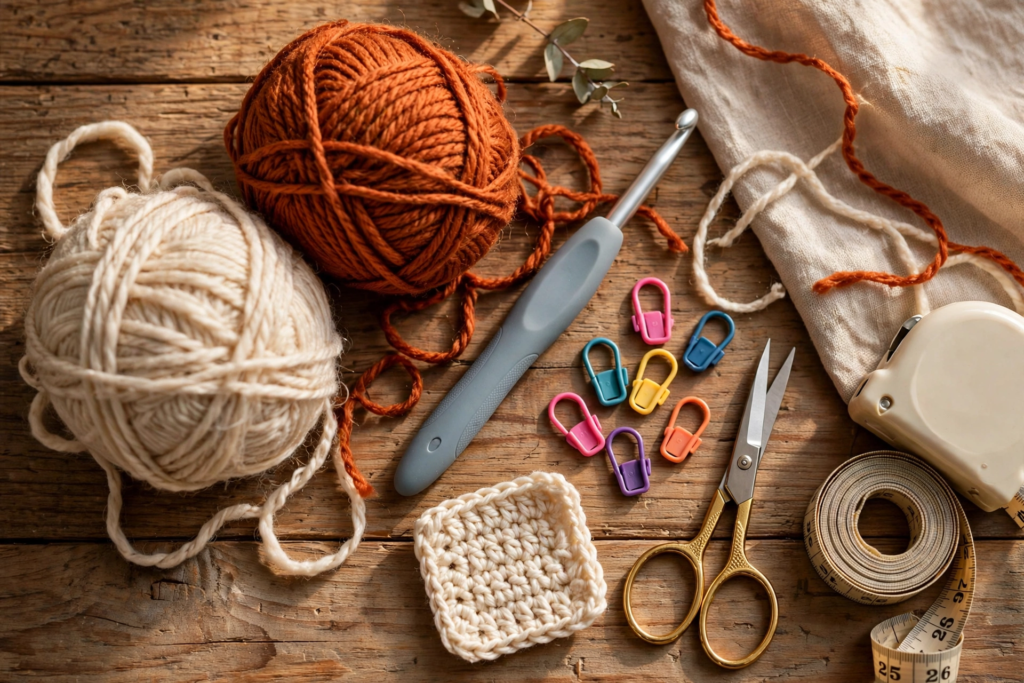 Worsted yarn, 5 mm hook and stitch markers laid out for the braid stitch slippers crochet pattern