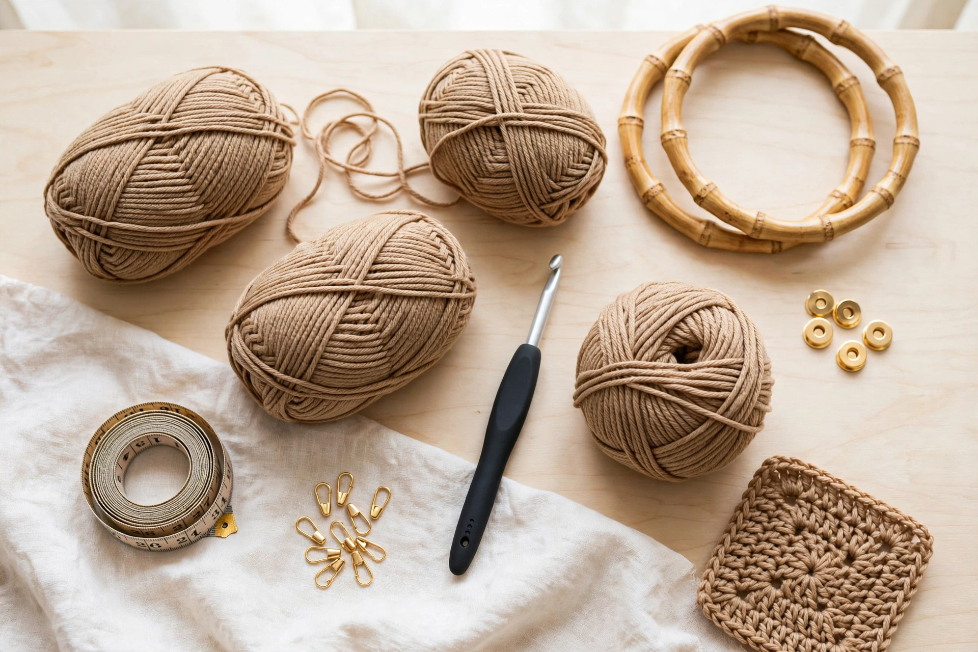 Materials for the elegant crochet handbag pattern — camel cotton yarn, hook, bamboo handles and magnetic snaps