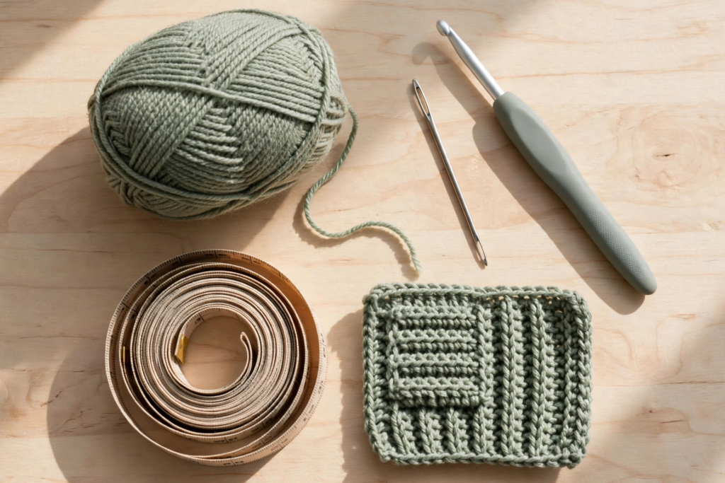 Materials for the crochet headband pattern — sage worsted yarn, 5.5 mm hook, tapestry needle, tape measure and gauge swatch