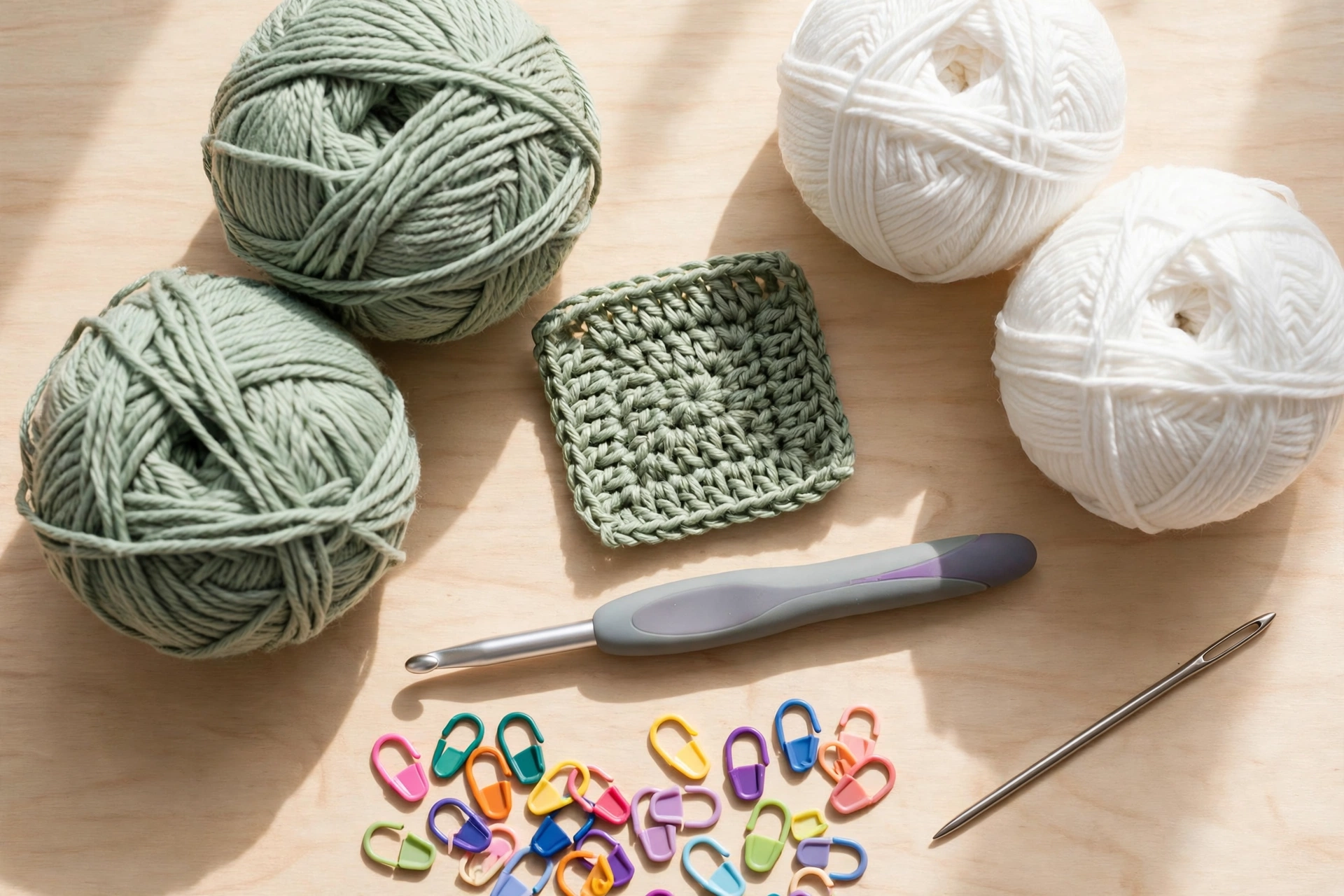 Worsted cotton yarn, a 5 mm hook, stitch markers and a gauge swatch laid out for the moss stitch crochet pattern