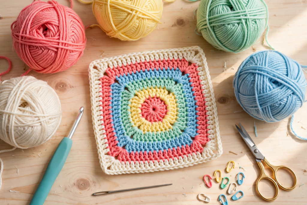 Five bright colours of worsted yarn, a 5 mm hook and one finished square for the stripy motif crochet pattern