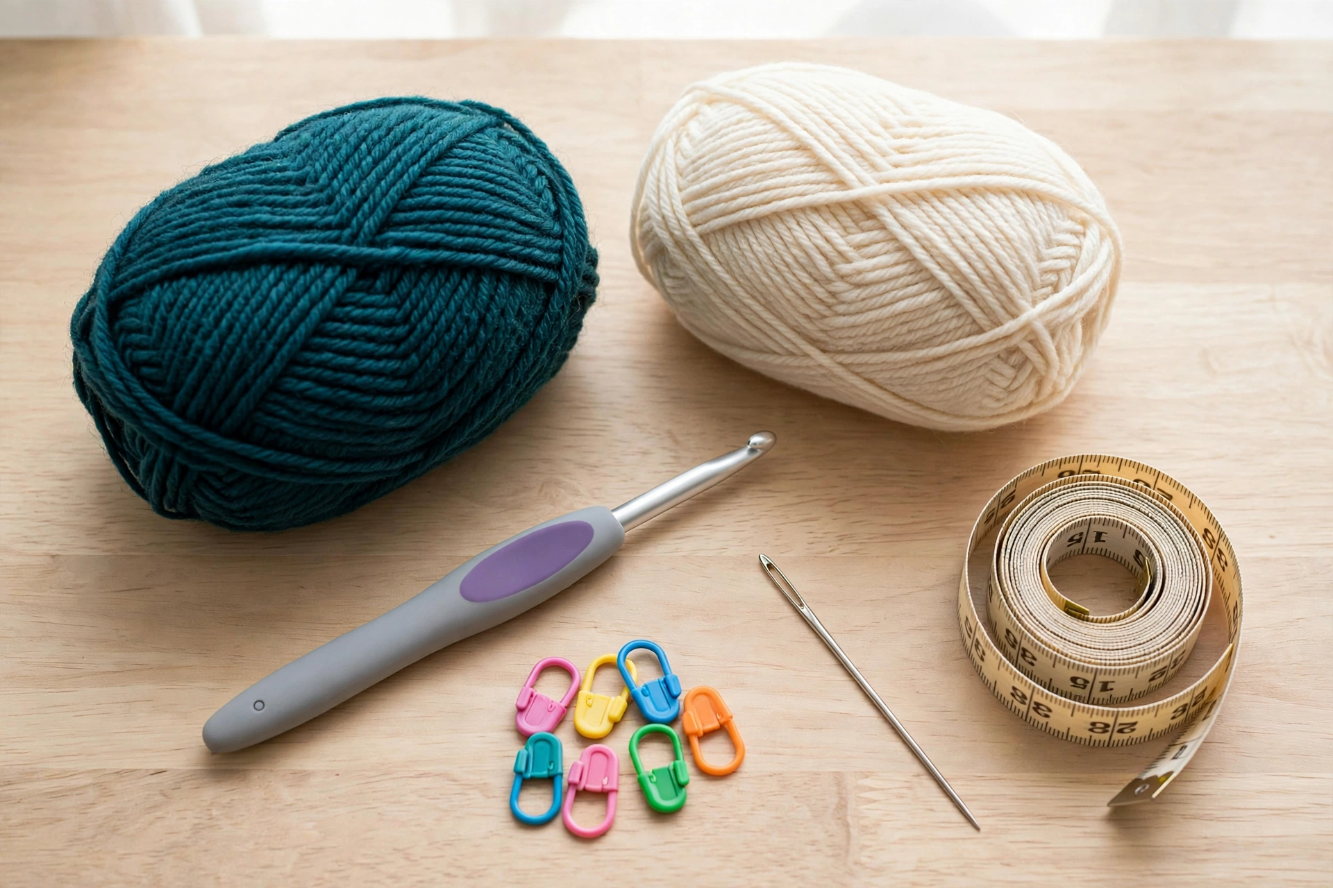 Teal and cream worsted yarn, a 5 mm hook and stitch markers laid out for the serpentine stitch crochet pattern
